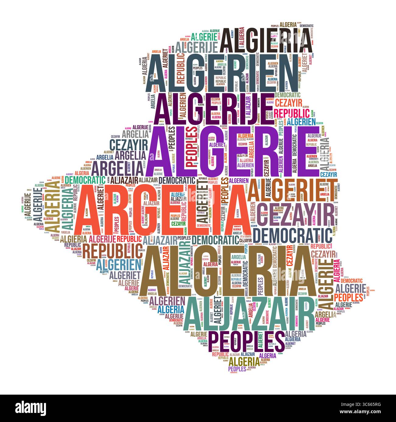 Nuage de mots en forme de pays Algérie. Illustration de pays de style typographique. Image Algérie dans le style nuage de texte. Illustration vectorielle. Illustration de Vecteur