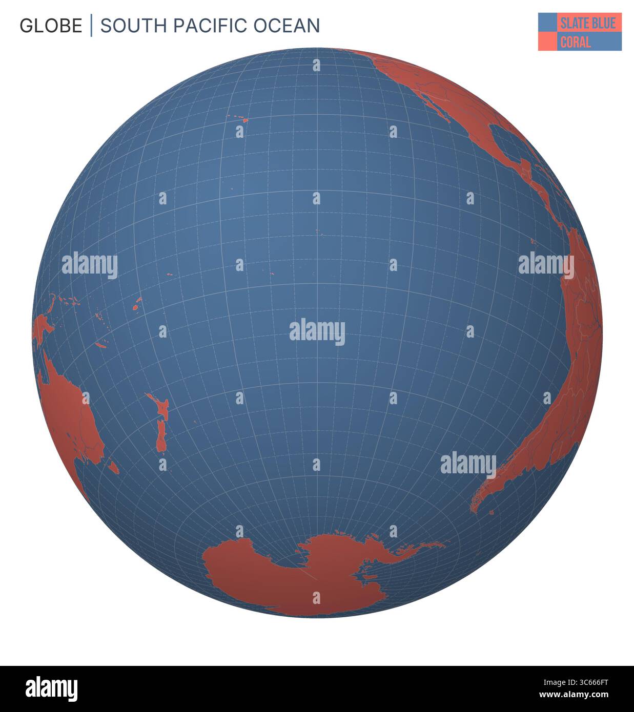 Vecteur Globe centré sur l'océan Pacifique Sud. Palette Slate Blue Corail. Carte du monde avec méridiens, parallèles, pays, rivières et lacs. Illustration de Vecteur