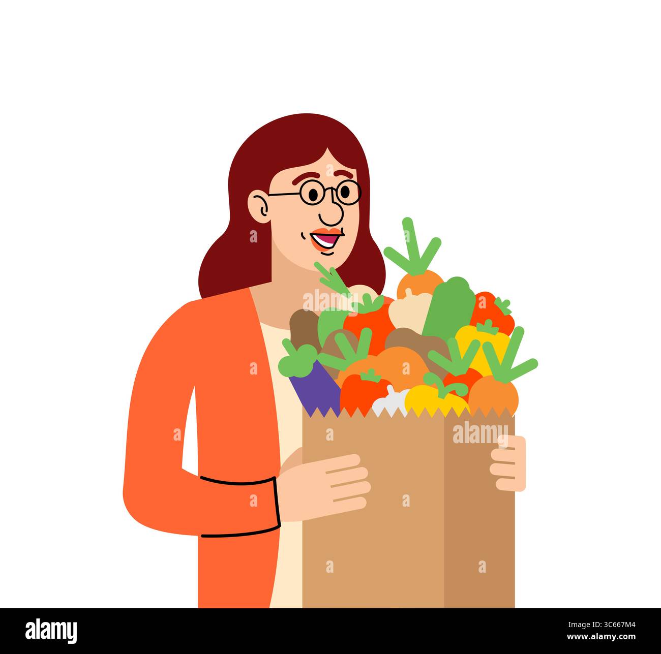 Vecteur plat de femme souriante tenant un sac d'épicerie rempli de légumes frais. Idéal pour les thèmes sur les produits locaux, les marchés bio, une alimentation saine, o Illustration de Vecteur