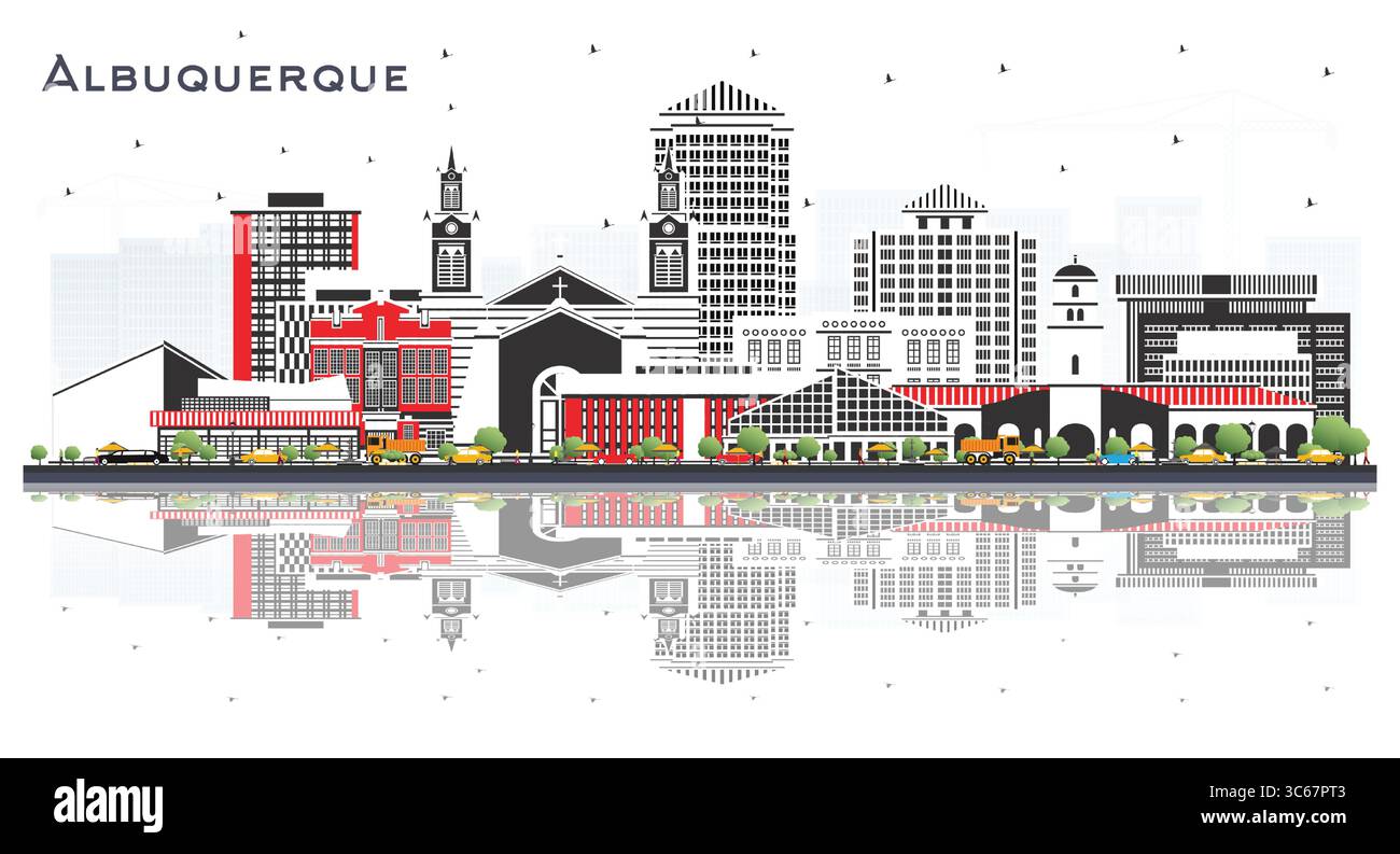 Albuquerque New Mexico Skyline avec des bâtiments couleur isolés sur blanc. Illustration vectorielle. Albuquerque USA Cityscape avec des sites touristiques. Illustration de Vecteur