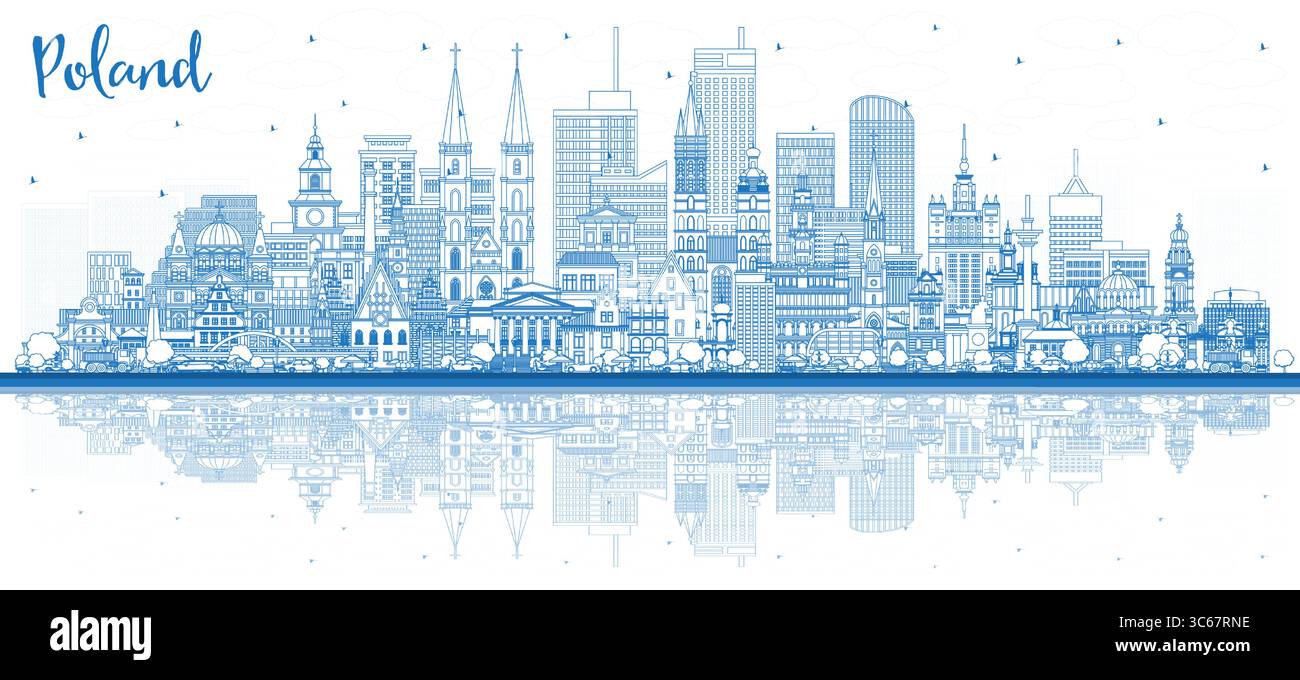 Contour Pologne City Skyline avec des bâtiments bleus. Illustration vectorielle. Concept avec architecture moderne. Pologne CityScape avec des monuments. Varsovie. Illustration de Vecteur