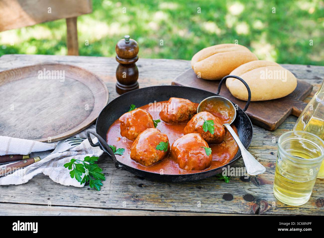 Boulettes de viande frites braisées dans une sauce tomate servies dans le jardin. Manger des boulettes de viande rôties de bœuf dans une sauce tomate. Banque D'Images