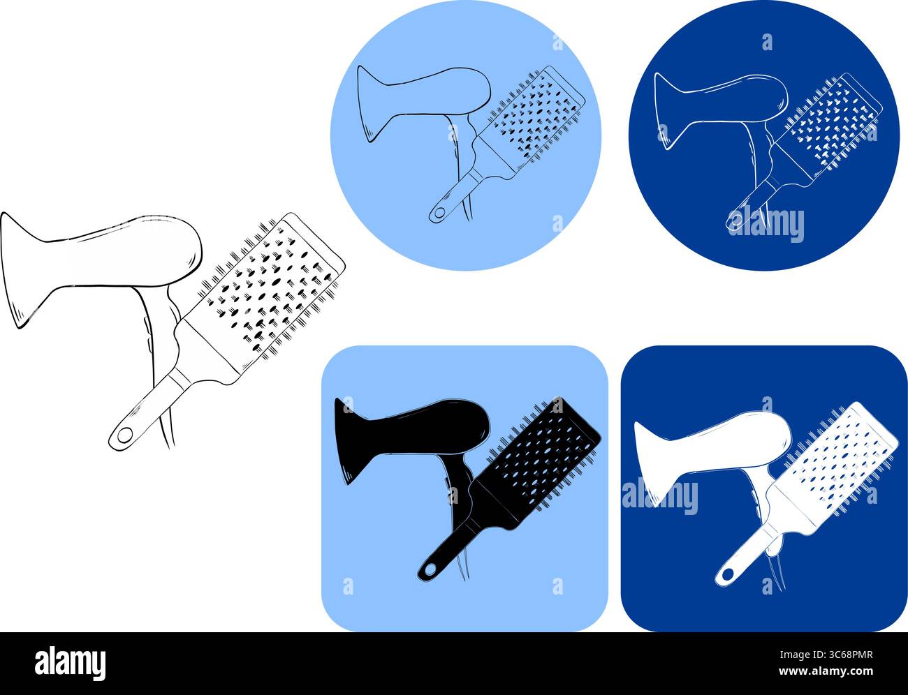 Sèche-cheveux et peigne de brossage logotype salon. Illustration vectorielle d'encre de ligne graphique. icône plate. Signes de ligne mince de beauté pour le logo de conception, carte de visite, e Illustration de Vecteur