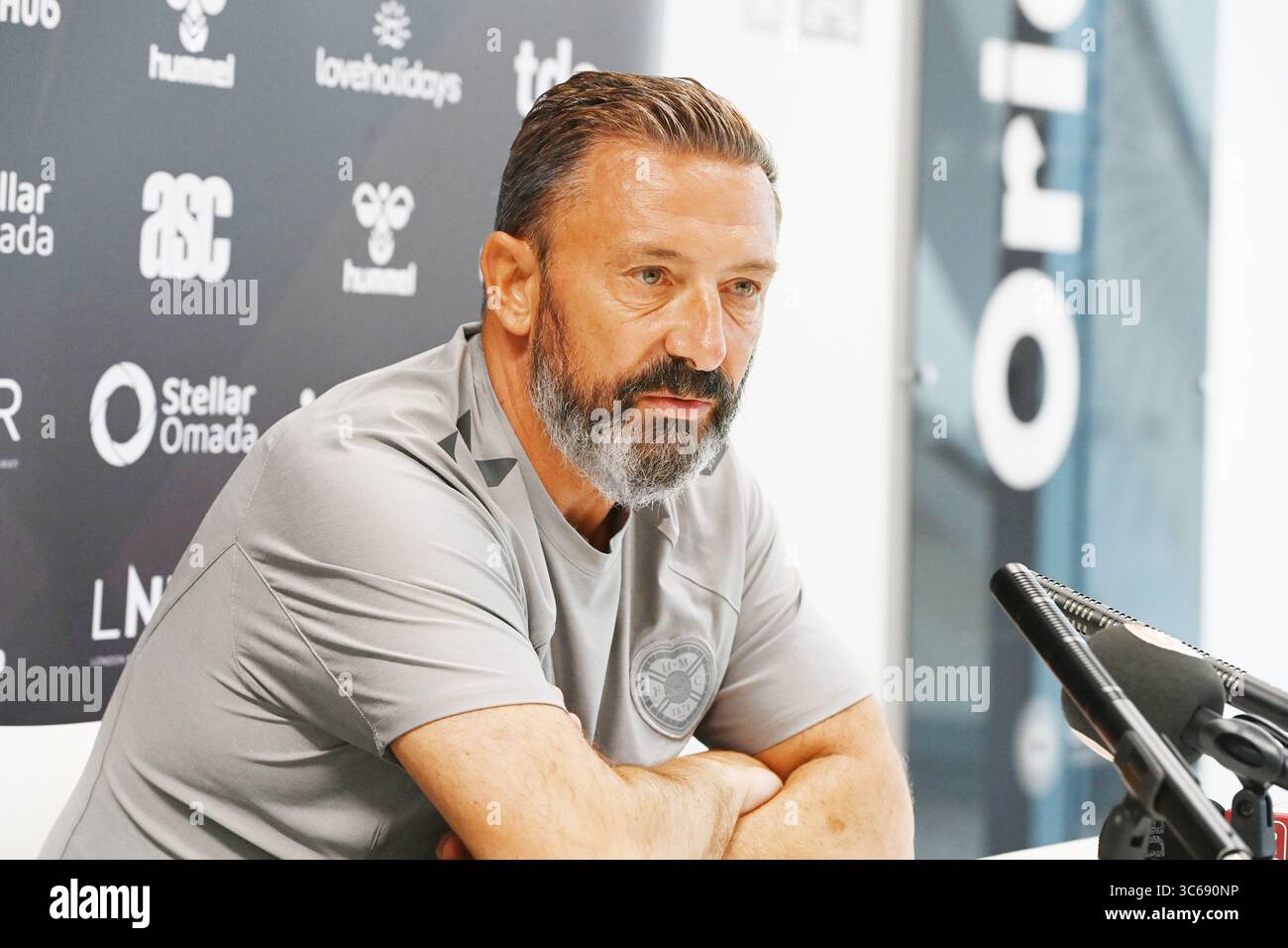 Oriam Sports Centre Edinburgh.Scotland, Royaume-Uni. 31 juillet 2025. Hearts Manager Derek McInnes Conférence de presse pour Scottish Premiership match vs Aberdeen crédit : eric mccowat/Alamy Live News Banque D'Images