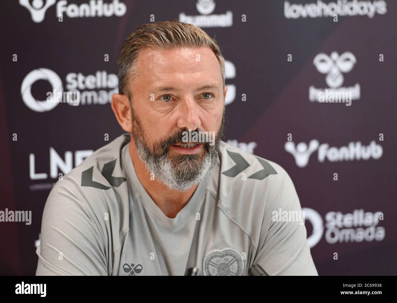 Oriam Sports Centre Edinburgh.Scotland, Royaume-Uni. 31 juillet 2025. Hearts Manager Derek McInnes Conférence de presse pour Scottish Premiership match vs Aberdeen crédit : eric mccowat/Alamy Live News Banque D'Images