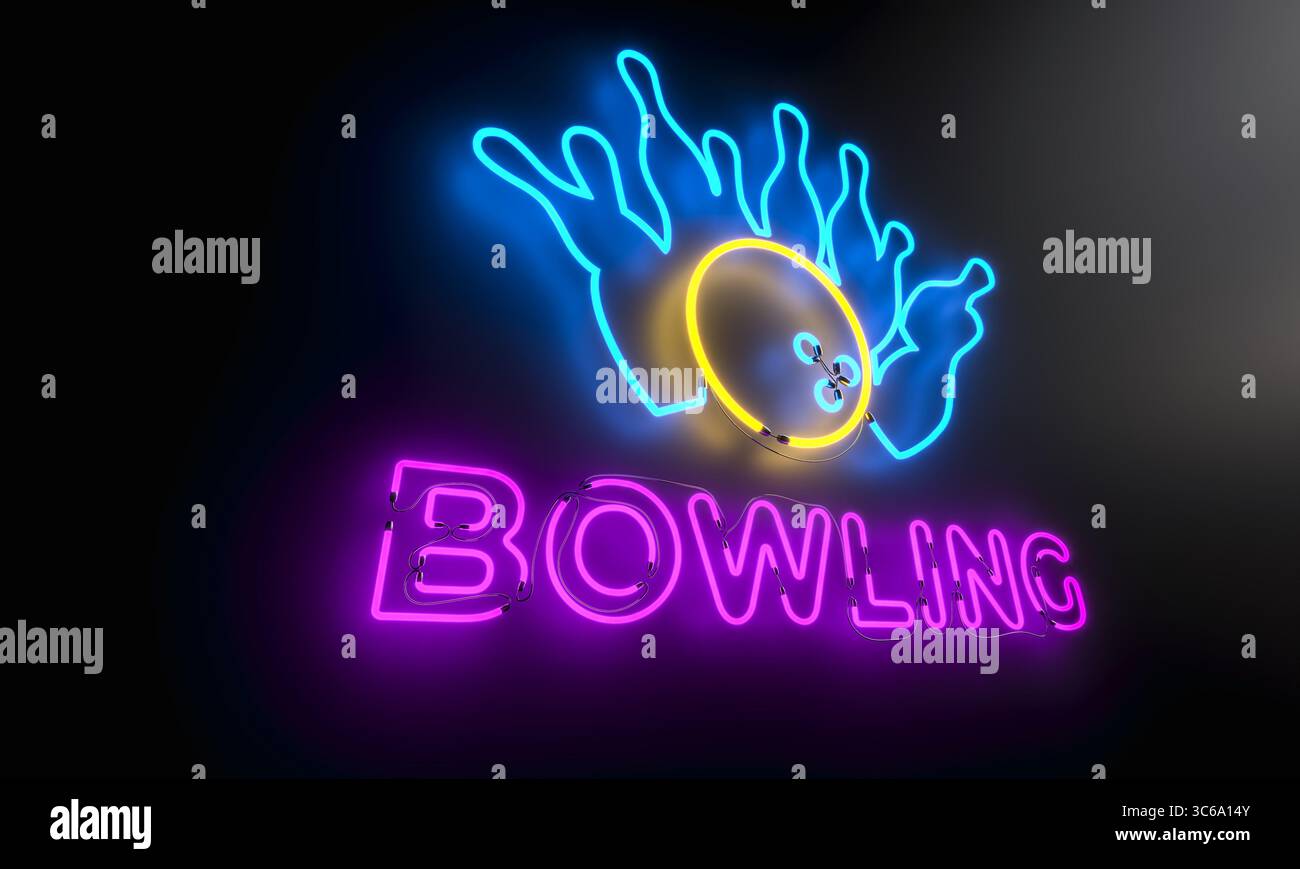 Panneau de néon de bowling montrant la balle qui fait tomber des épingles 3D. Banque D'Images