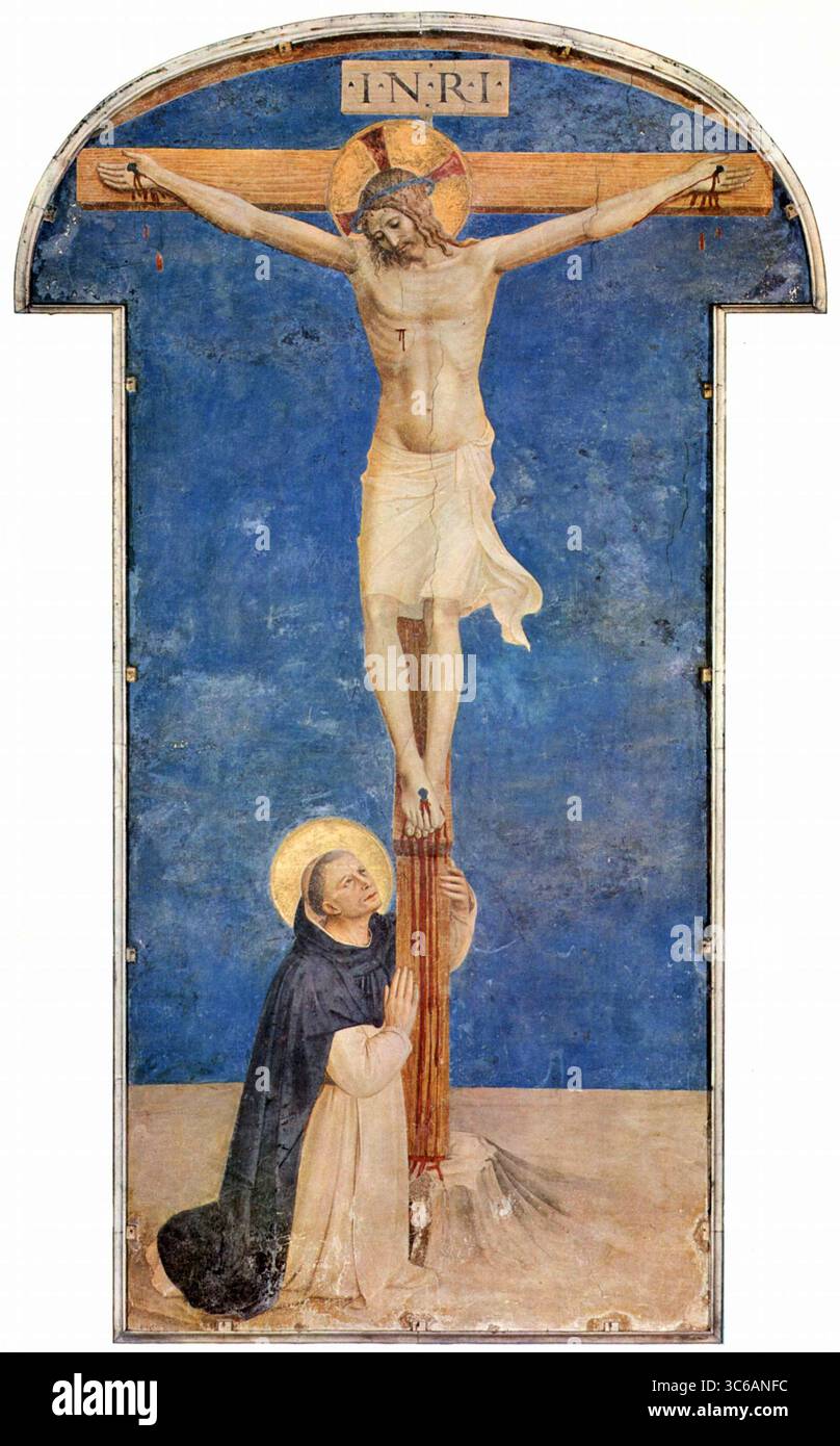Saint Dominic adorant les fresques de titre de la série Crucifixion par Fra Angelico à San Marco, Florence - Fra Angelico (vers 1395–1455) Banque D'Images