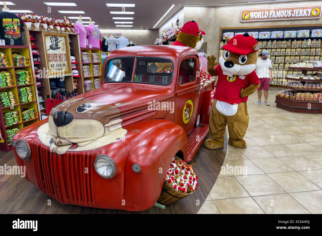 Une mascotte Buc-EE The Beaver pose pour des photos dans un dépanneur du centre de voyage Buc-EE à Denton, Texas. Banque D'Images