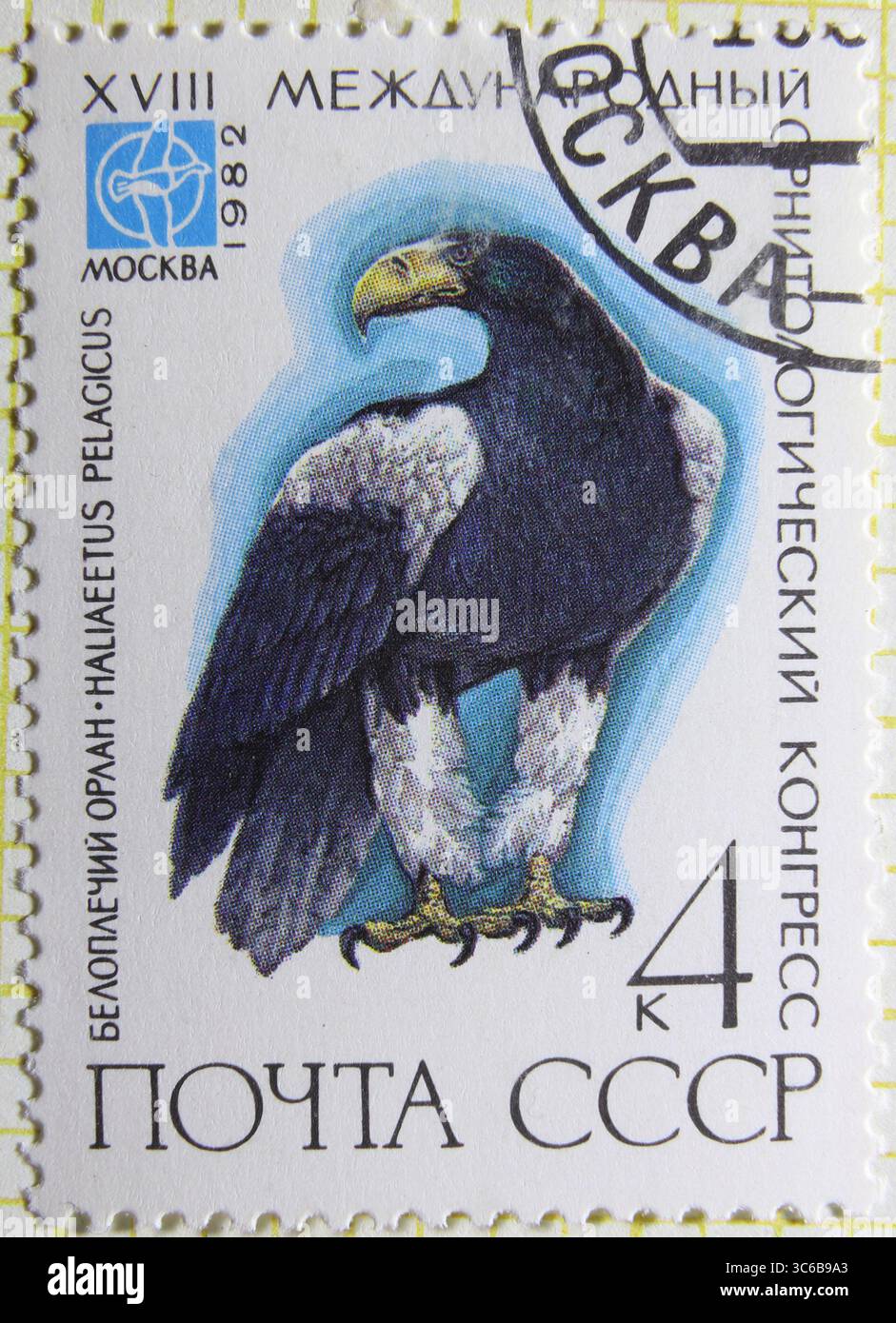 ISTANBUL, TURQUIE - 03 JANVIER 2021 : timbre de l'Union soviétique montrant le 18ème Congrès ornithologique, Moscou, Haliaeetus Pelagicus vers 1982 Banque D'Images