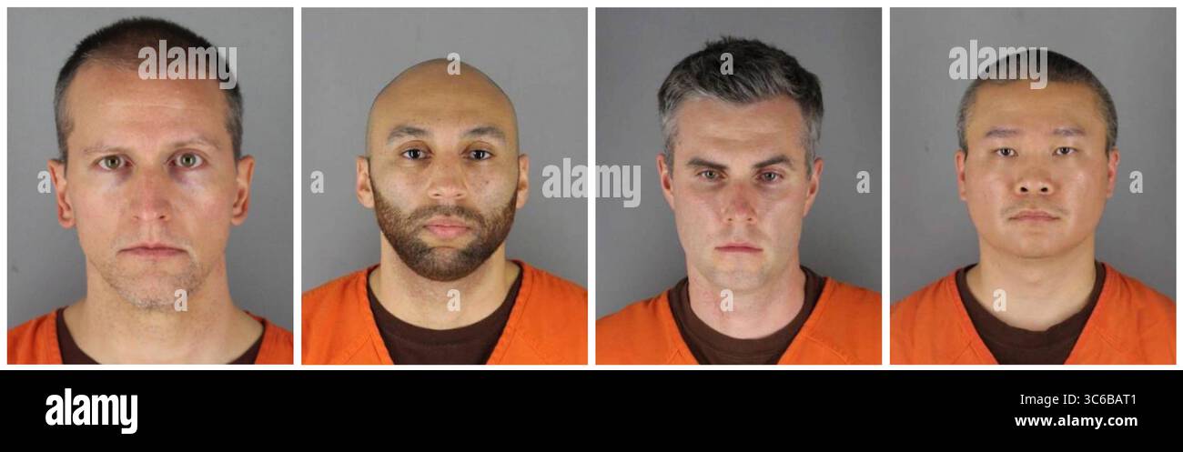 4 juin 2020, Minneapolis, Minnesota, États-Unis : Minneapolis ex-officiers de police l-R DEREK CHAUVIN, 44 avec presque deux décennies dans la force, J. ALEXANDER Kueng, 26, flic recrue, première semaine en tant qu'officier, THOMAS LANE, 37 première semaine en tant qu'officier et TOU THAO, 34. Chauvin est accusé de meurtre au deuxième degré de G. Floyd, 46 ans, un homme noir qui est mort après avoir été retenu par lui et les autres policiers de Minneapolis le 25 mai. Kueng, Lane et Thao ont été accusés d'avoir aidé et encouragé Chauvin. (Crédit image : © Hennepin County Sheriff via ZUMA Wire) Banque D'Images