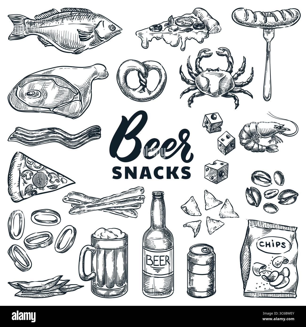 Assortiment de bières artisanales et de collations. Illustration de croquis dessinée à la main de vecteur de tasses, bouteilles, bretzels, saucisses, poissons et frites. Éléments de conception pour BREW Illustration de Vecteur