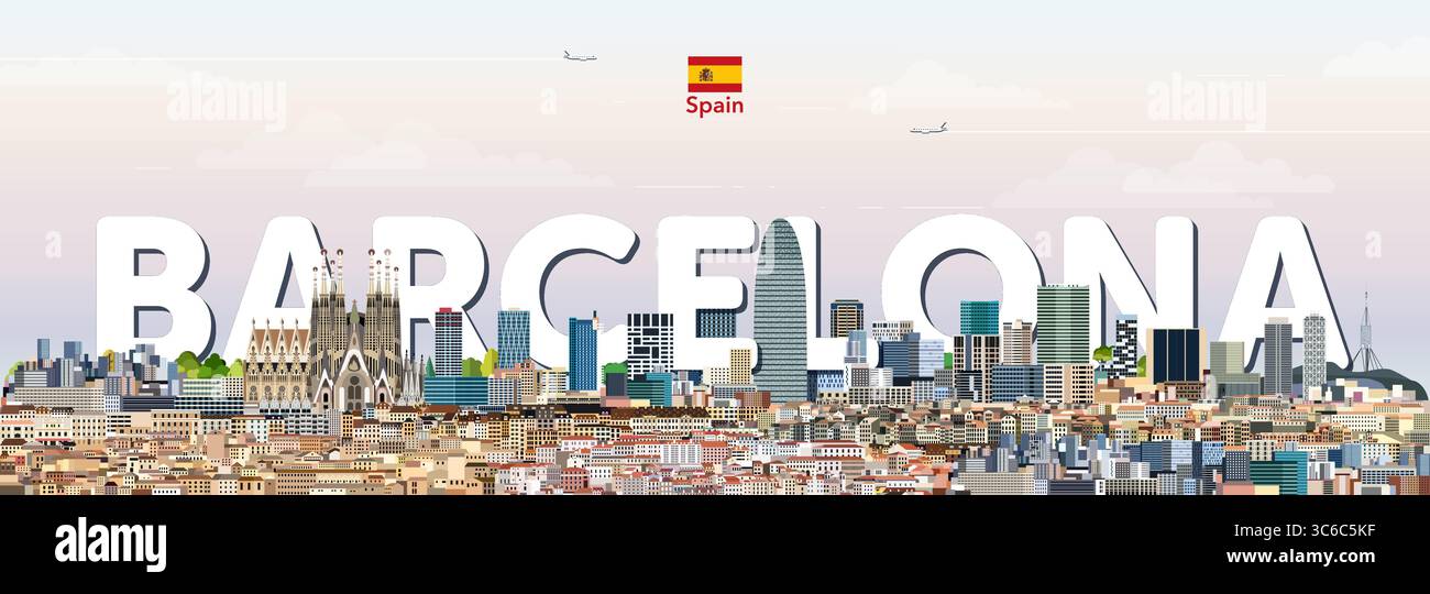 Illustration vectorielle colorée de paysage urbain de Barcelone avec le nom de la grande ville sur le fond. Affiche tendance de voyage Illustration de Vecteur