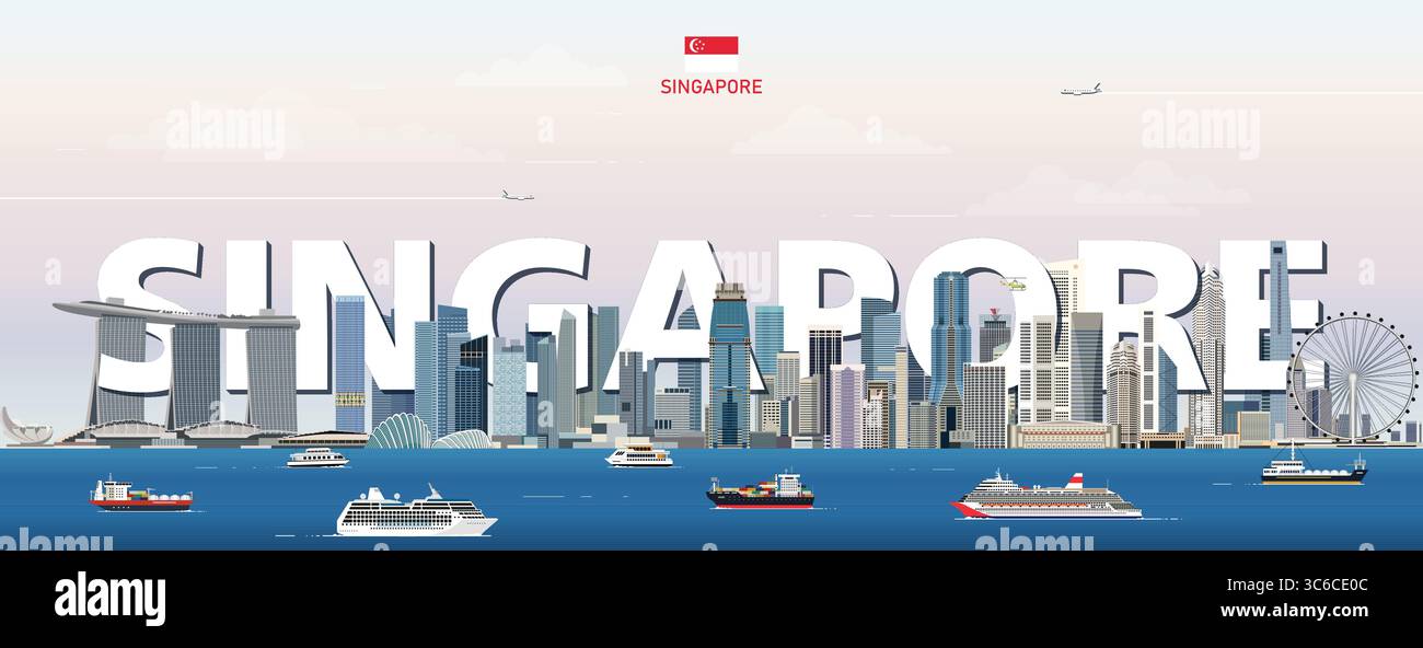 Illustration vectorielle colorée de paysage urbain de Singapour avec le nom de la grande ville sur le fond. Affiche tendance de voyage Illustration de Vecteur