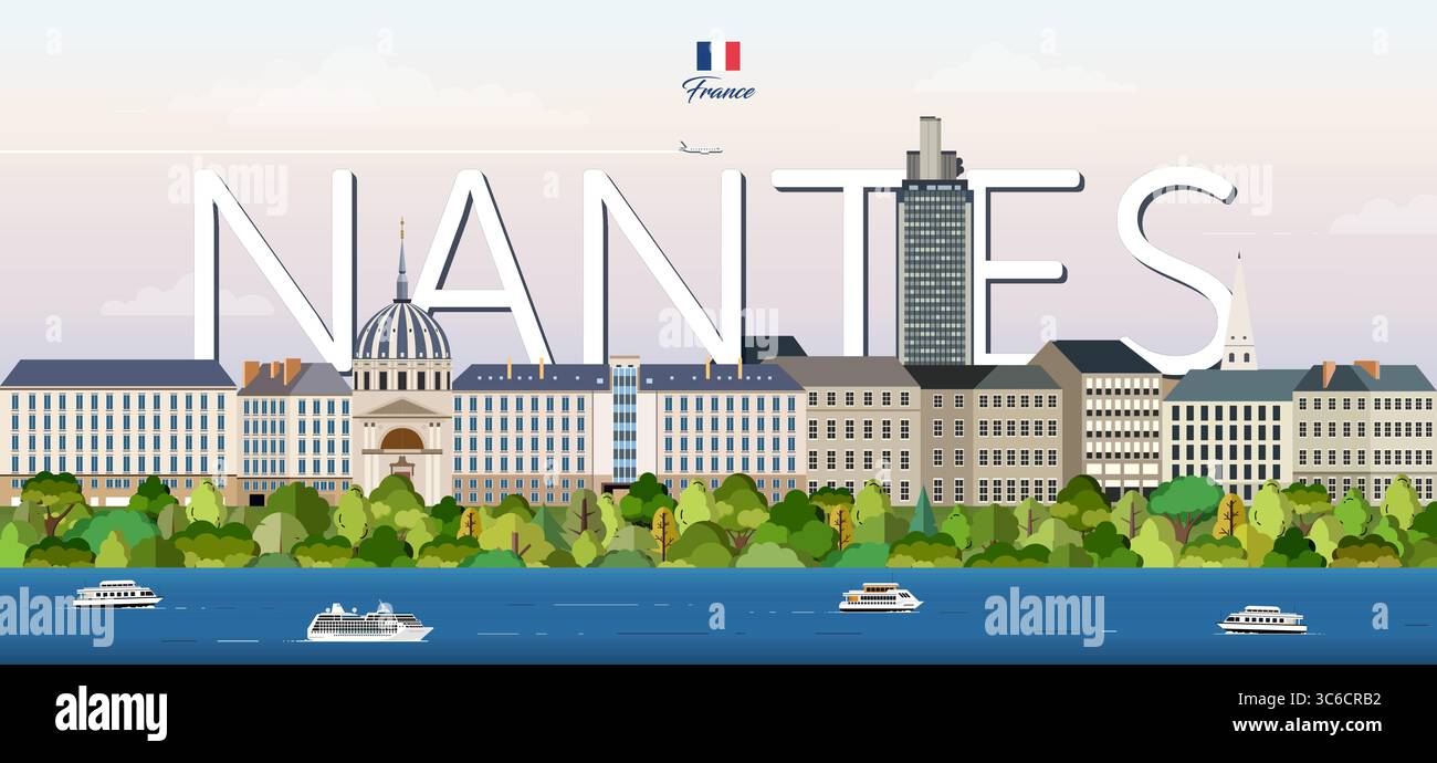 Nantes Cityscape illustration vectorielle colorée avec le grand nom de la ville sur le fond. Affiche tendance de voyage Illustration de Vecteur