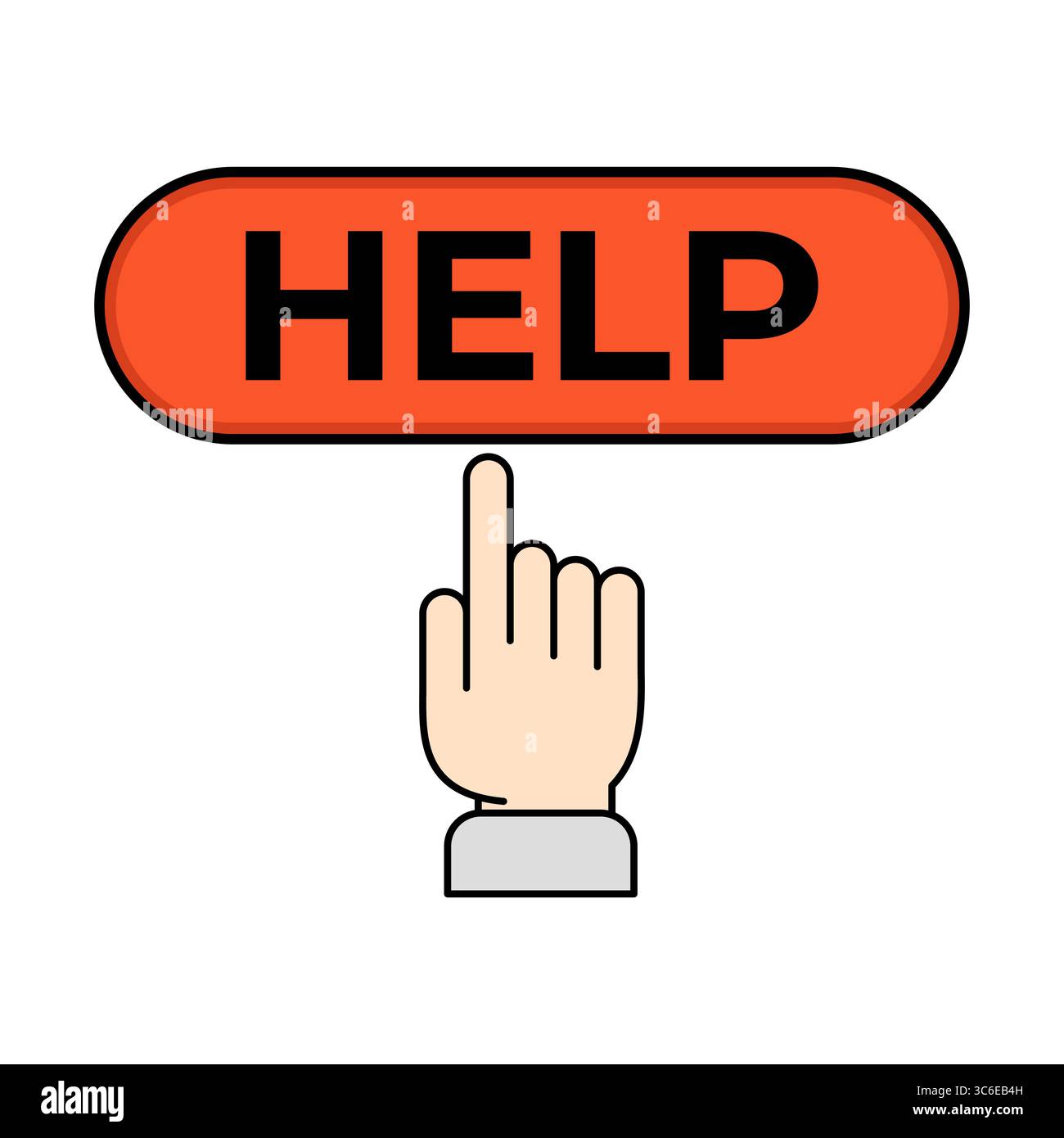 Icône du bouton d'aide avec illustration du clic manuel. Une main avec un doigt pointant est sur le point de cliquer sur le bouton, soulignant son caractère interactif. Illustration de Vecteur