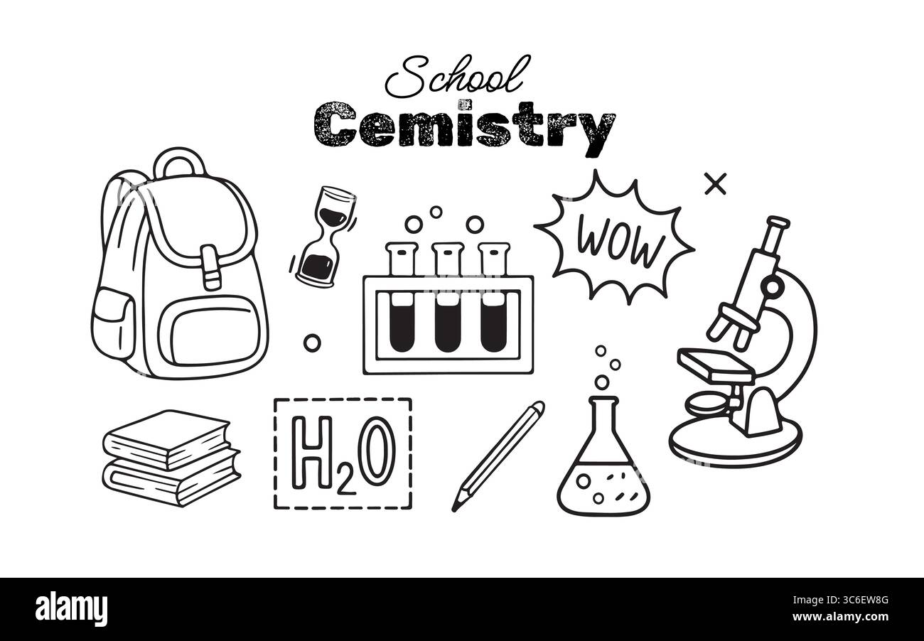 Ensemble de fournitures scolaires. Retour à l'école. Illustration de contour d'esquisse en noir et blanc. Clipart vectoriel dans le style doodle. Sac à dos, livres, tube à essai, microscope Illustration de Vecteur
