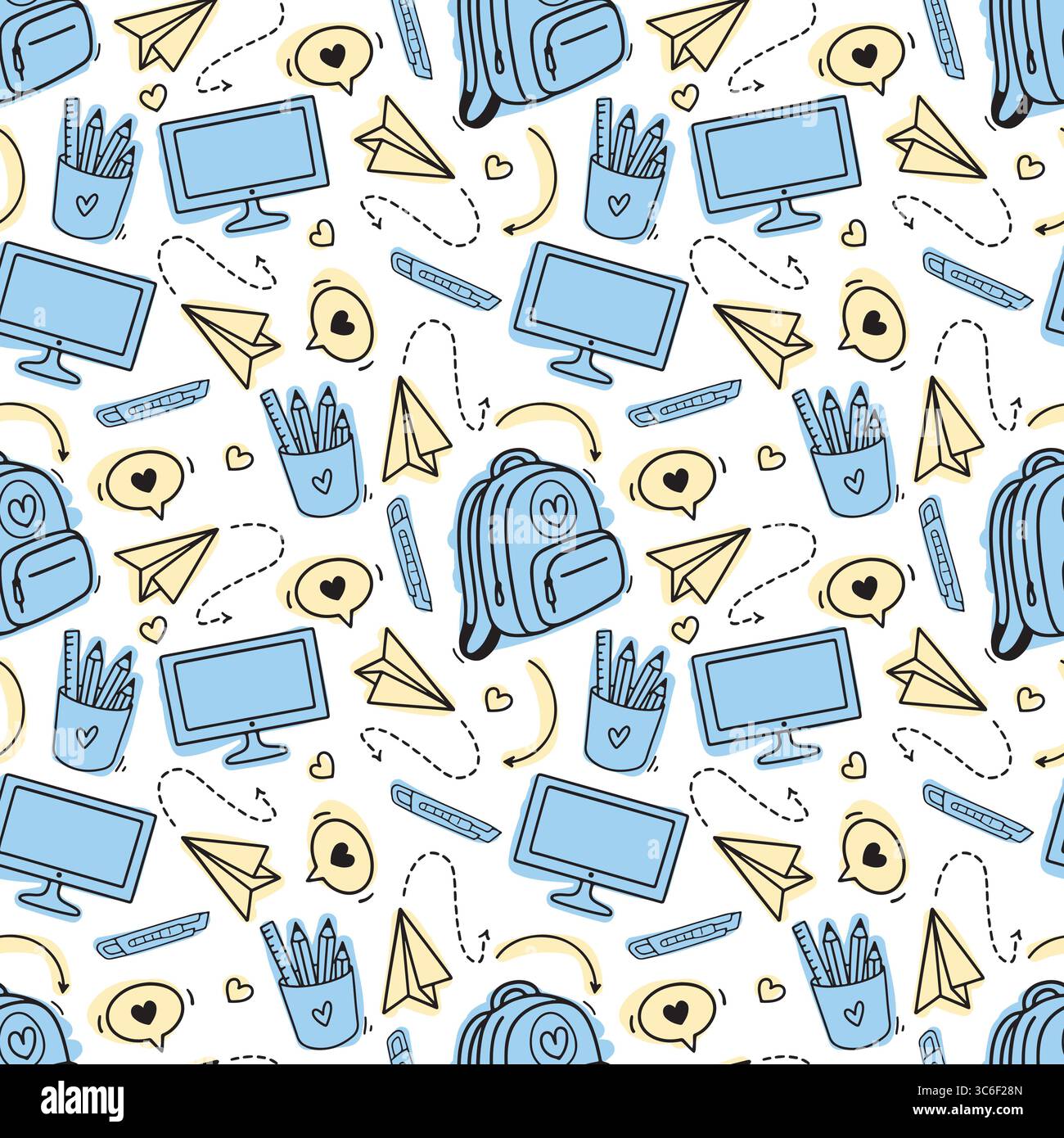 Retour à l'école motif vectoriel sans couture. Fournitures scolaires bleues et jaunes sur fond blanc. Fournitures scolaires de modèle. Illustration vectorielle. Croquis de griffonnage dessiné à la main, conception plate. Eléments multicolores Illustration de Vecteur
