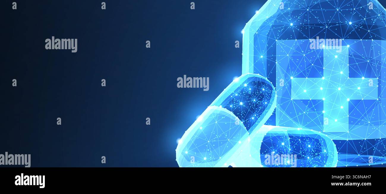 Pilules. Abstrait 3d polygonal filaire deux pilules de capsule près du fond bleu de bouteille avec des points et des étoiles. Illustration de Vecteur