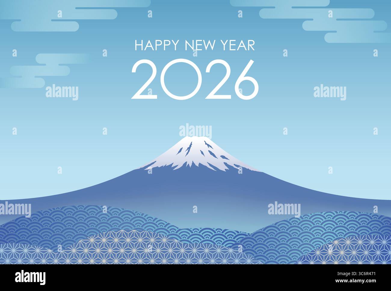 Le modèle de carte de voeux vectoriel de l'année 2026 avec ciel bleu et Mont Fuji décoré avec des motifs japonais vintage. Illustration de Vecteur