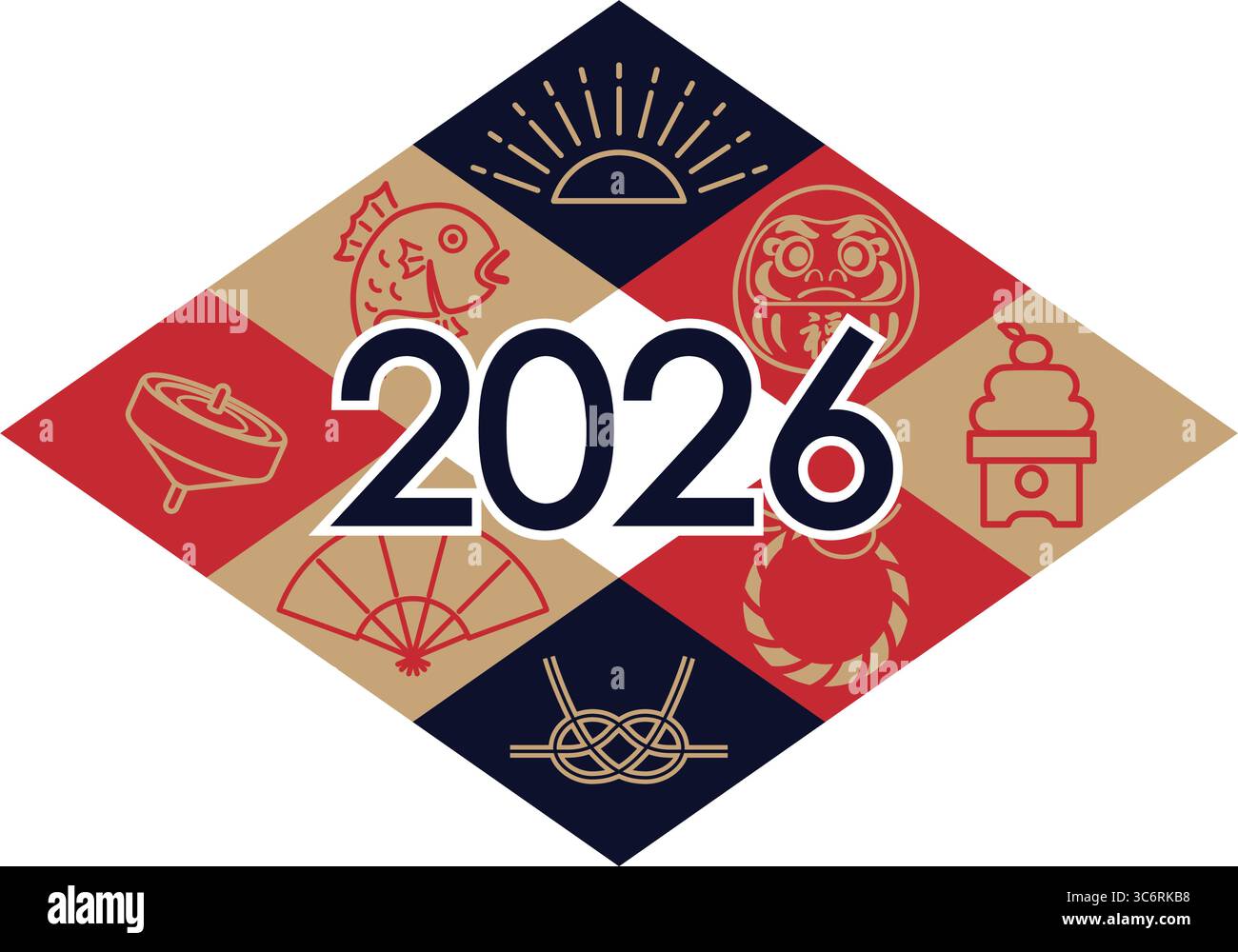 Illustration vectorielle de symbole du nouvel an 2026 avec des charmes vintage japonais isolés sur Un fond blanc. Illustration de Vecteur