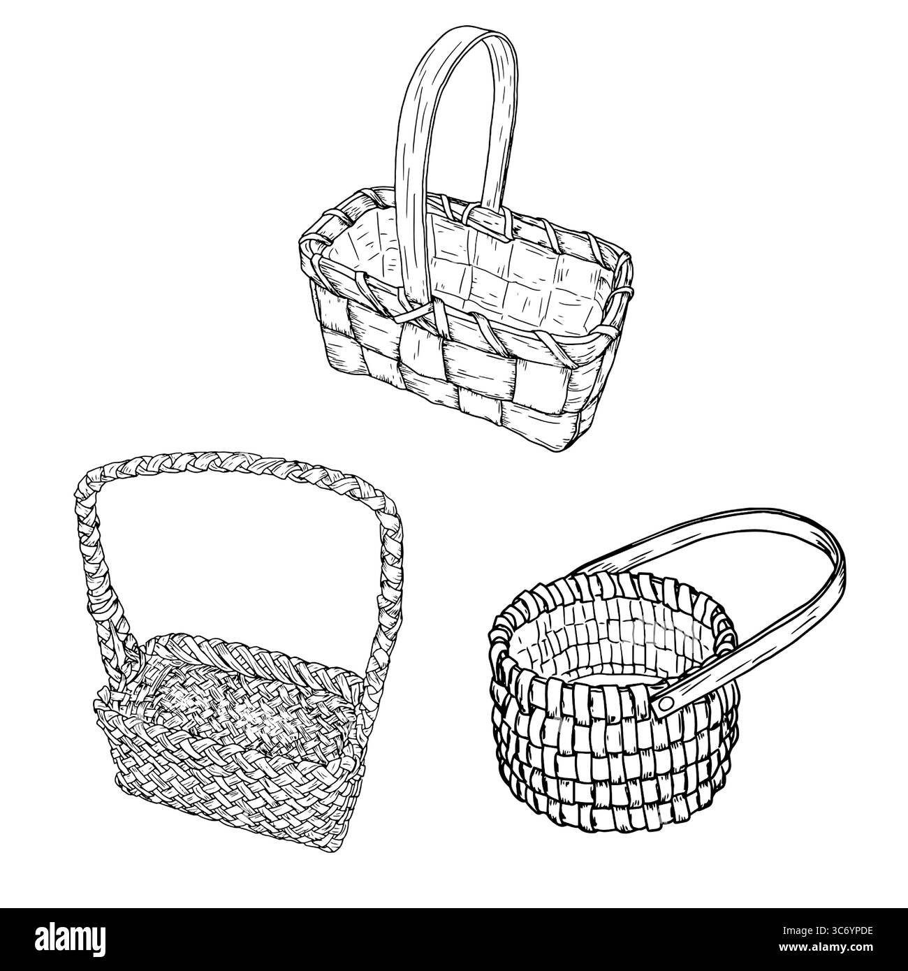 Un panier en osier fait de vignes avec une poignée, un ensemble de silhouettes noires et blanches. Illustration vectorielle. Esquisse un panier pour cueillir des champignons et au Illustration de Vecteur