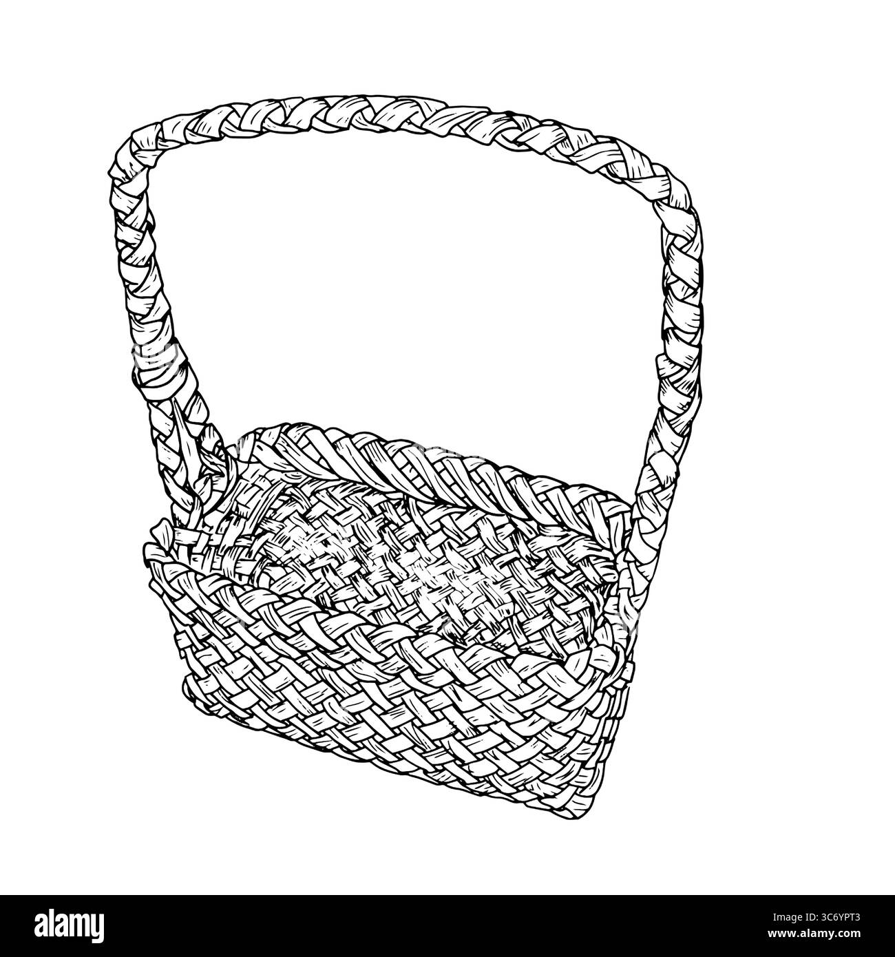 Panier en osier fait de vignes avec une poignée, croquis noir et blanc. Illustration vectorielle. Le panier classique pour la cueillette des champignons et la récolte d'automne est Illustration de Vecteur