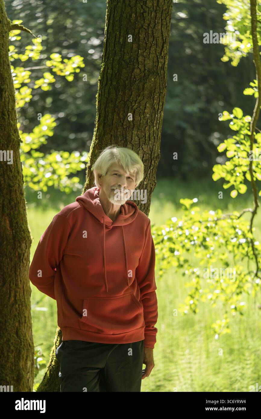 En forme, homme âgé appuyé contre un arbre dans la forêt, coupe le chemin Banque D'Images