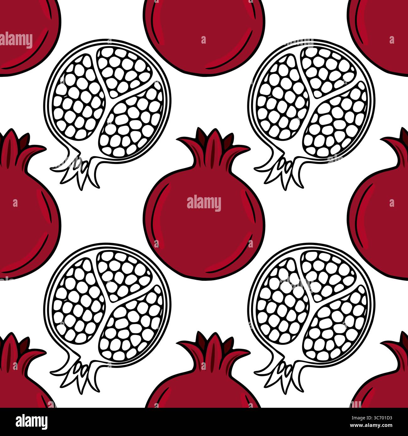 Motif vectoriel sans couture de grenades stylisées, avec une alternance de fruits rouges entiers et de coupes transversales noires et blanches, créant une dynamique et co Illustration de Vecteur