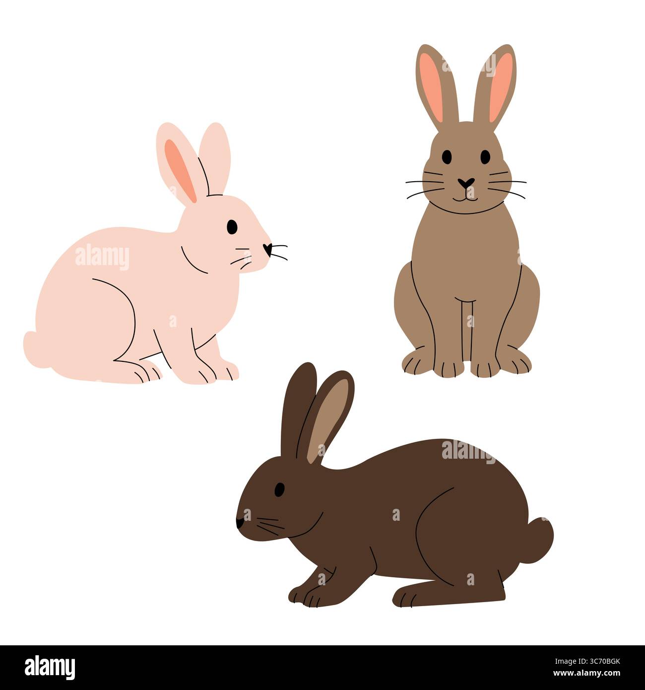 Illustration plate de trois lapins de différentes couleurs et poses. Style de dessin animé simple avec des lignes épurées, idéal pour les livres pour enfants, les thèmes de printemps Illustration de Vecteur