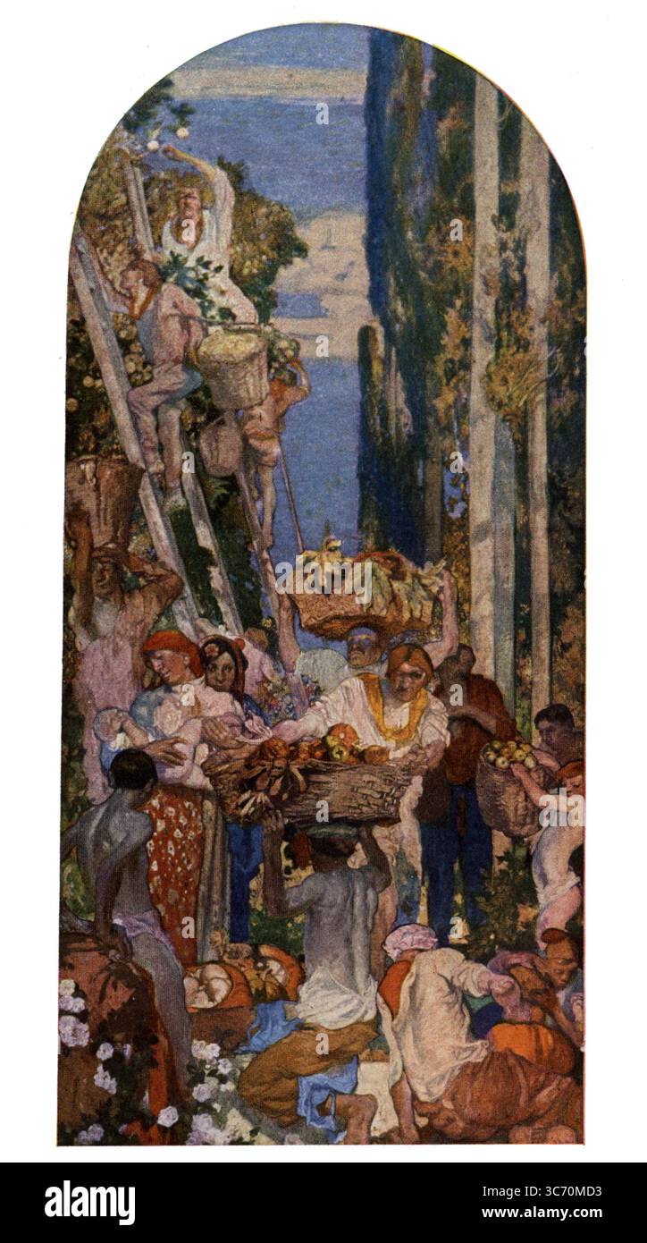 ' Les cueilleurs de fruits ' tiré de la fresque murale de Frank Brangwyn pour la Cour de l'abondance , bâtiments construits à l'origine pour le Panama - Pacific International exposition de 1915, à San Francisco, Californie, États-Unis d'Amérique 1915 Banque D'Images