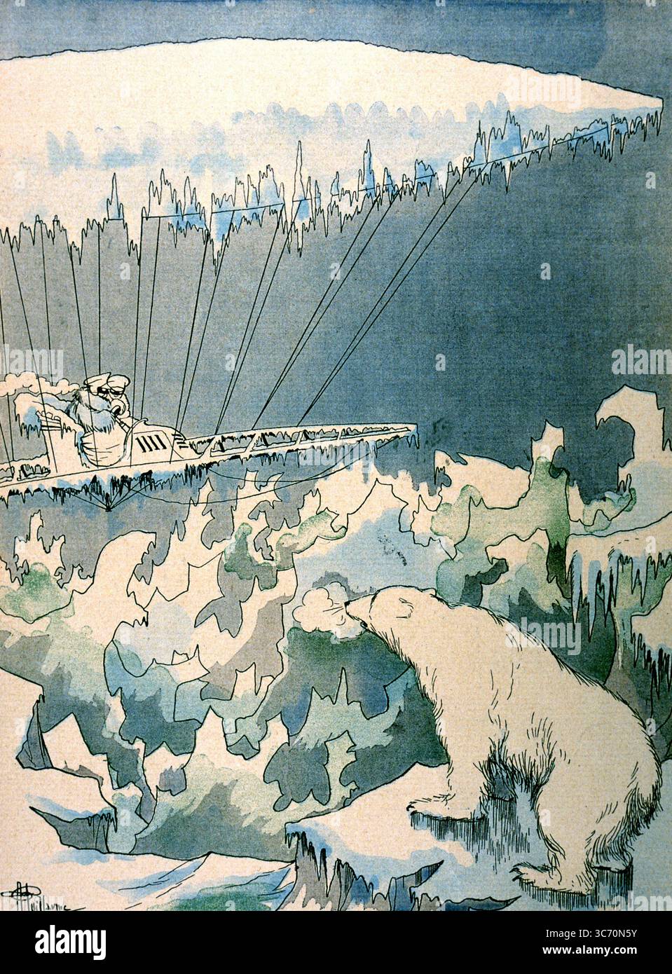 Cartoon français - L'assiette au beurre Journal : d'une montgolfière couverte de glace passant devant un ours polaire Banque D'Images Cartoon français - L'assiette au beurre Journal : d'une montgolfière couverte de glace passant devant un ours polaire Banque D'Images