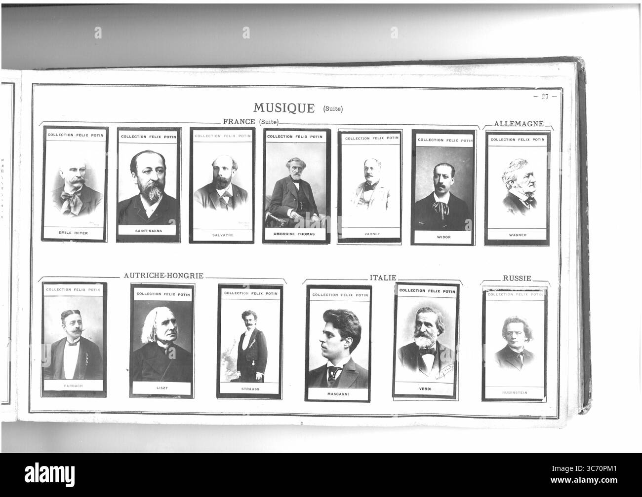 COLLECTION FELIX POTIN MUSIQUE (ligne supérieure l-R) FRANCE : Reyer (Ernest) 1823 - Saint-Saens (Camille) 1835 - Salvayre (Gaston) 1847 1829-1894 - Thomas (Ambroise) 1811-1896 - Varney (Luis) 1849 - Widor (Charles) 1845 ALLEMAGNE : Wagner (Richard) 1813-1883 (ligne inférieure l-R) AUTRICHE-HONGRIE : Fahrbach (Philippe) 1843 - Liszt (Franz) 1811-1886 - Strauss (Johann) 1825-1899 : Joseph Mascagni (ITALIE) 1863 - Joseph Rutro) 1813-1901 Banque D'Images COLLECTION FELIX POTIN MUSIQUE (ligne supérieure l-R) FRANCE : Reyer (Ernest) 1823 - Saint-Saens (Camille) 1835 - Salvayre (Gaston) 1847 1829-1894 - Thomas (Ambroise) 1811-1896 - Varney (Luis) 1849 - Widor (Charles) 1845 ALLEMAGNE : Wagner (Richard) 1813-1883 (ligne inférieure l-R) AUTRICHE-HONGRIE : Fahrbach (Philippe) 1843 - Liszt (Franz) 1811-1886 - Strauss (Johann) 1825-1899 : Joseph Mascagni (ITALIE) 1863 - Joseph Rutro) 1813-1901 Banque D'Images