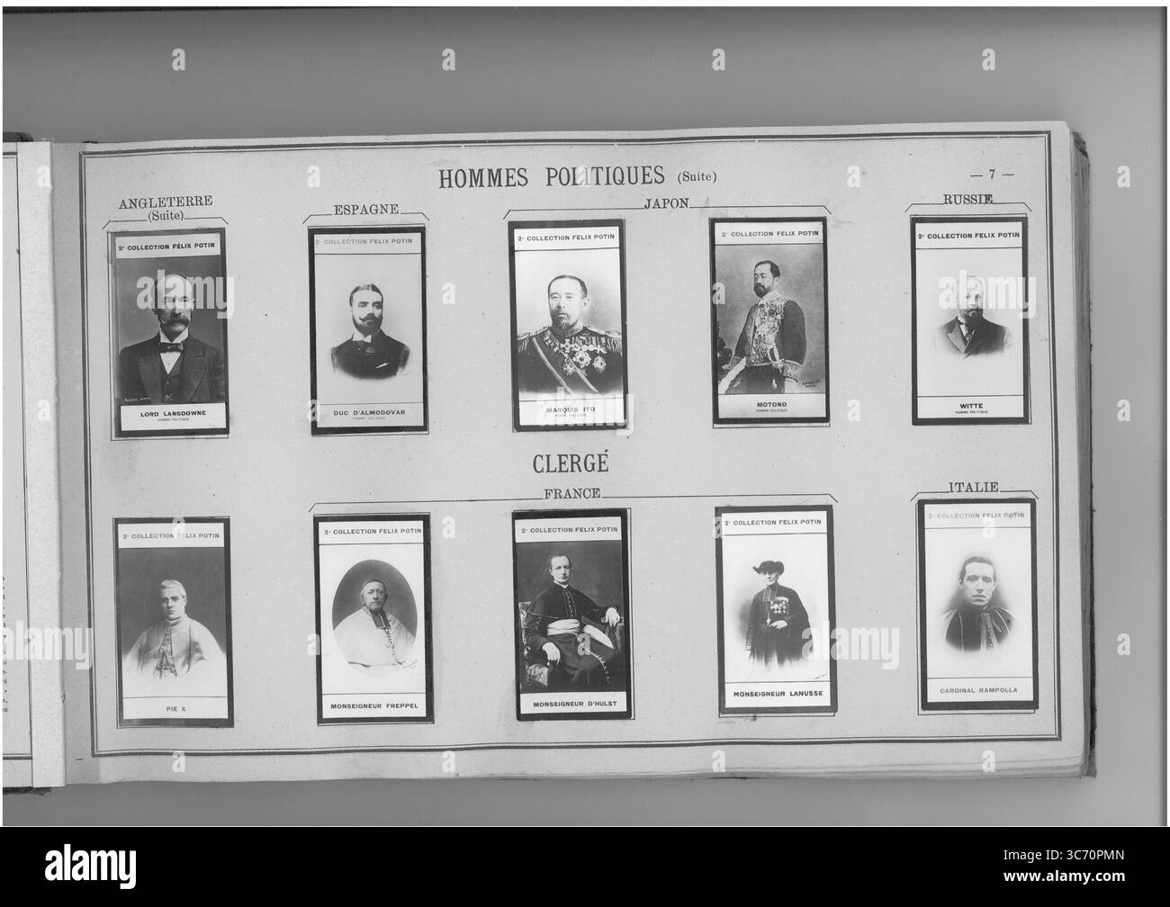 FELIX POTIN HOMMES POLITIQUES (top row l-R) ANGLETERRE : Lord Lansdowne (Henry-Charles-Keith-Petty-Fitzmaurice) 1845 ESPAGNE : Almodovar del Rio (Carlos-Alfonse-Francisco d'assise duc d') 1850-1906 JAPON : Marquis Ito (Hirobumi) 1840 - Motono (Itchiro) 1861 RUSSIE 1841-1896 ITALIE : Witte (Sergius-Julitch comte) 1849 (bottom row l-R 1818-1905) Pie X (Sie X (Souvert) Pie-Monseigneur-Monseigneur-Monseigneur) (1835) - Charles-Monseigneur-Monseigneur (1827-1891) - Charles-Monseigneur-Monseigneur-Montippel Banque D'Images