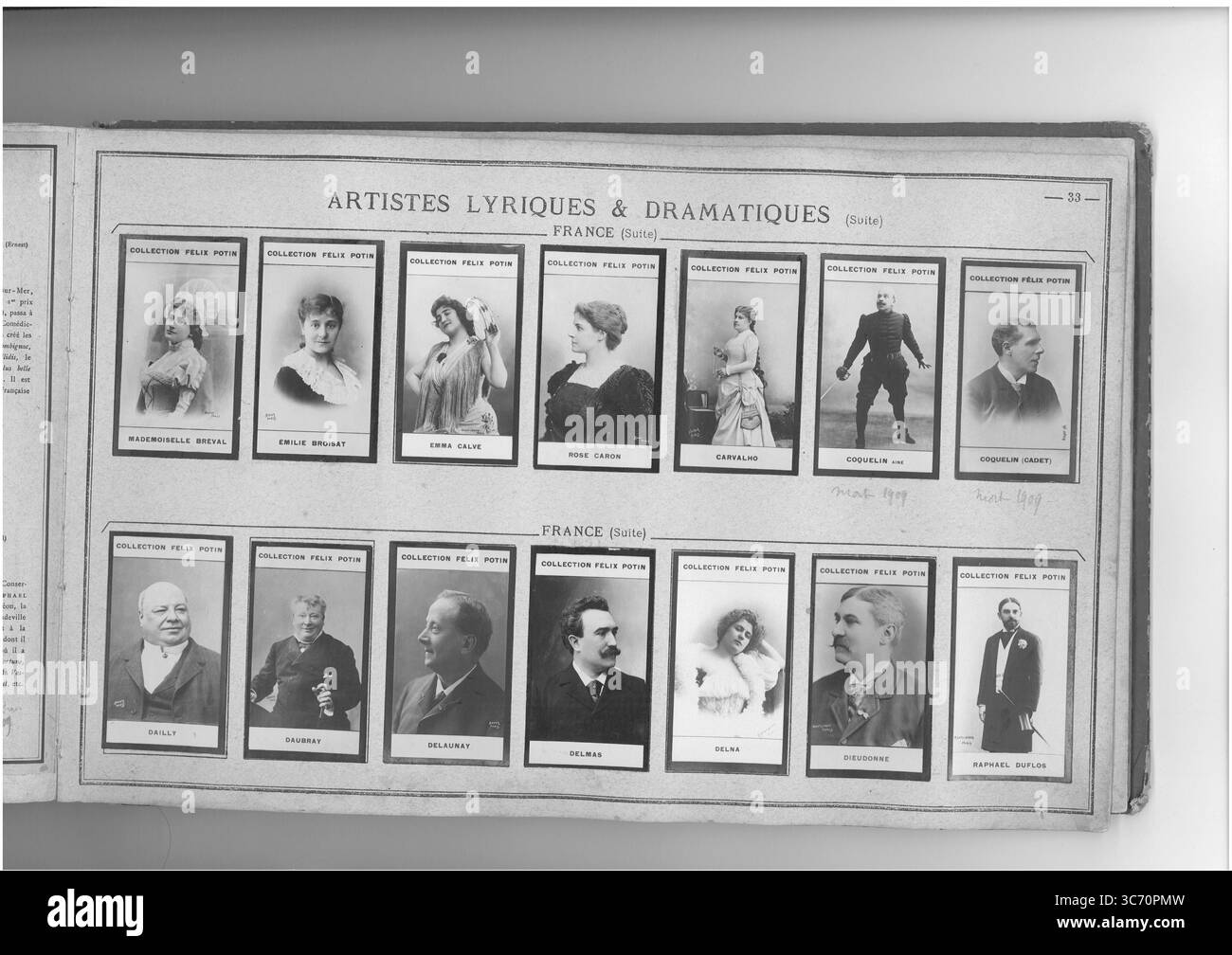 COLLECTION FELIX POTIN ARTISTES LYRIQUES & DRAMATIQUES (rangée supérieure gauche-droite) FRANCE : Breval (Lucienne) 1869 - Madame broisat (Emilie) 1850 - Calve (Emma) 1864 - Madame Caron (Rose) 1857 - Madame Moilan-Carvalho (Marie) 1827-1895 - Coquelin Aine (constant) 1841 - Coquelin Cadet (Ernest 1826-1903) 1848 (rangée inférieure gauche-droite) FRANCE : Dailly (Joseph) 1839-1897 - Daubray 1837-1892 - 1858 - Joseph Deleubray (Louis Delaunis (Louis Delauns) (Louis Deleumas) (Louis Delauns) (1875 - Joseph) - marie) - 1861 - Deleuredonne (1836) Banque D'Images