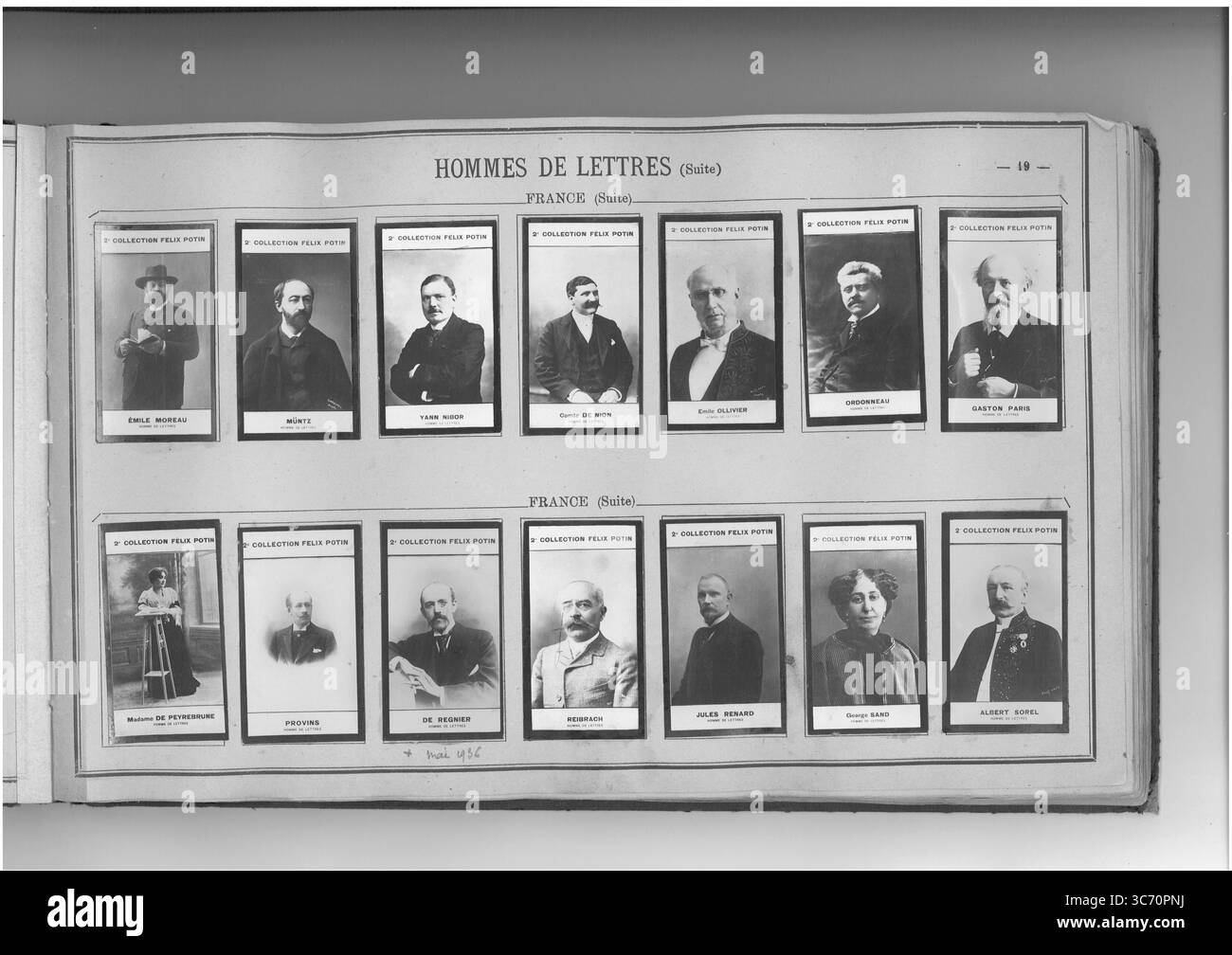 2ème COLLECTION FELIX POTIN HOMMES DE LETTRES (ligne supérieure gauche-droite) FRANCE : Moreau (Marie-Jules-Emile) 1842 - Muntz (Eugene) 1845-1902 - Yann-Nibor 1857 - Nion (Francois, comte de) 1854 - OIllivier (Emile) 1825 - Ordonneau (Maurice) 1854 - Paris (Gaston-Bruno-Paulin) 1839-1903 (ligne inférieure gauche-droite) FRANCE : Madame de Peyrebrune (George de - femme de lettres) - 1848 - Provins (Michel) 1868 - Regnier (Henri de) 1864 - Reibrach (Jean) 1855 - Renard (Jules) 1864 - George Sand (femme de lettres) 1804-1876 - Sorel (Albert) 1842-1906 Banque D'Images
