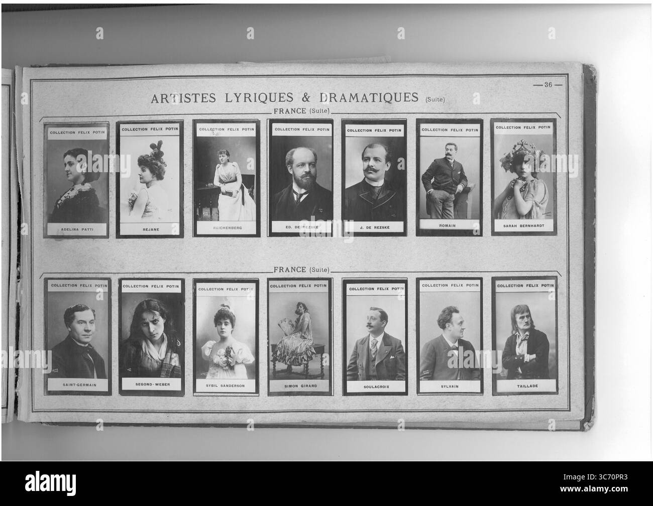 COLLECTION FELIX POTIN ARTISTES LYRIQUES & DRAMATIQUES (ligne supérieure gauche-droite) FRANCE : Madame Patti (Adelina 1843 1867 1859 - Rejane (Gabrielle-Charlotte) 1856 1865-1903 1853 - Madame Reichenberg (Suzanne) 1853 1851 - Reszke (Edouard de) 1856 - Reszke (Jean de) 1853 - Romain 1858 - Sarah-bernhardt (Rosine) 1844 (ligne inférieure gauche-droite) FRANCE : SWaint-Germain (Gilles de) 1833-1899 - Segond-Weber (Eugenime 1827-1896 Banque D'Images
