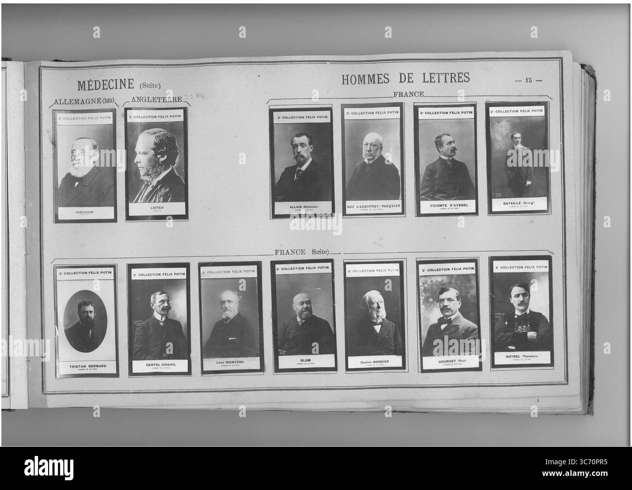 2e COLLECTION FELIX POTIN MEDECINE (top row l-R) ALLEMAGNE : Virchow (Rodolphe) 1821-1902 ANGLETERRE : lister (Joseph) 1827 1852 HOMMES DE LETTRES FRANCE : allais (Alphonse) 1854-1905 1868 - Duc d'Audiffret-Pasquier (Edme-Armand-Gaston) 1823-1905 - Avenel (Georges, vicomte d') 1855 - bataille (Henry) 1872 (bottom row l-R) FRANCE : Bernard (Tristan) 1866 - Bertol-Grairet-Pasquier 1857 - Bienvenue (Bienvenue Boodon (1835 - 1836 - Paul Boodon (1823 Banque D'Images