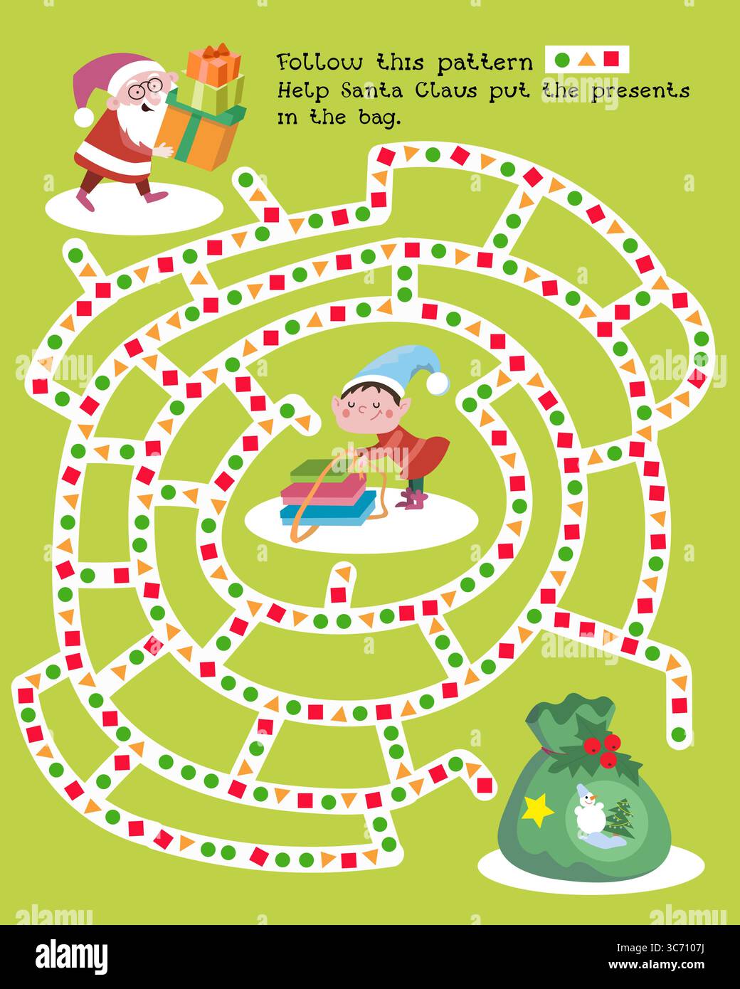 Le Père Noël et les elfes se préparent pour Noël. Labyrinthe de puzzle pour les enfants. Scène de jeu d'enfants pour la conception. Illustration vectorielle. Illustration de Vecteur