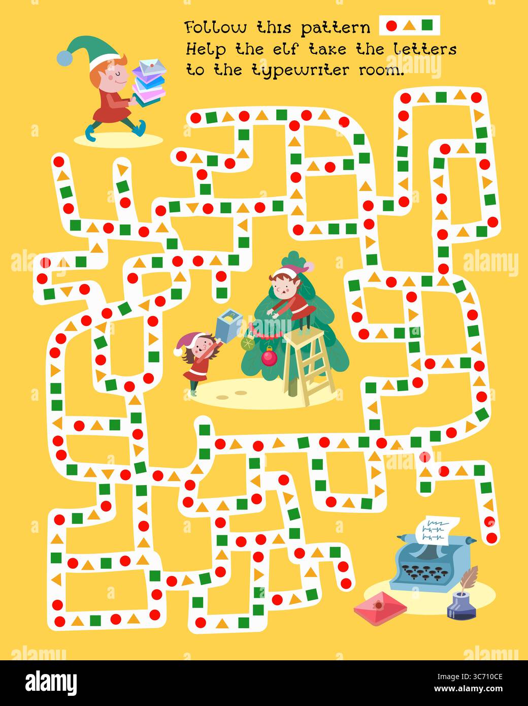 Les elfes se préparent pour Noël. Puzzle pour enfants. Labyrinthe de jeu d'enfants pour la conception. Illustration vectorielle. Illustration de Vecteur
