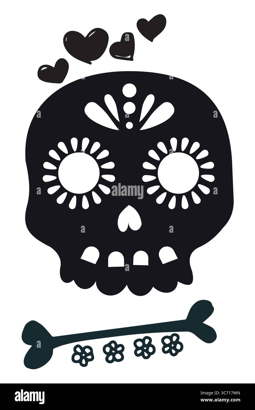 Cute Day of the Dead Black & White Skulls sur Une illustration de stock de fond transparent Illustration de Vecteur