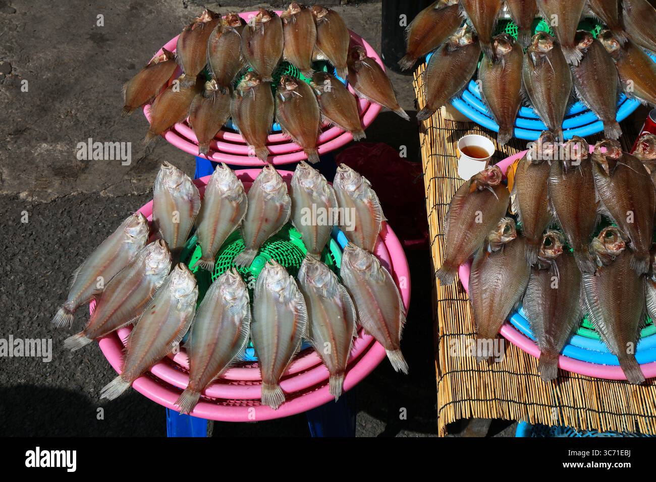 Marché aux poissons à Busan, Corée du Sud. Poisson plat séché au marché aux poissons de Jagalchi. Banque D'Images