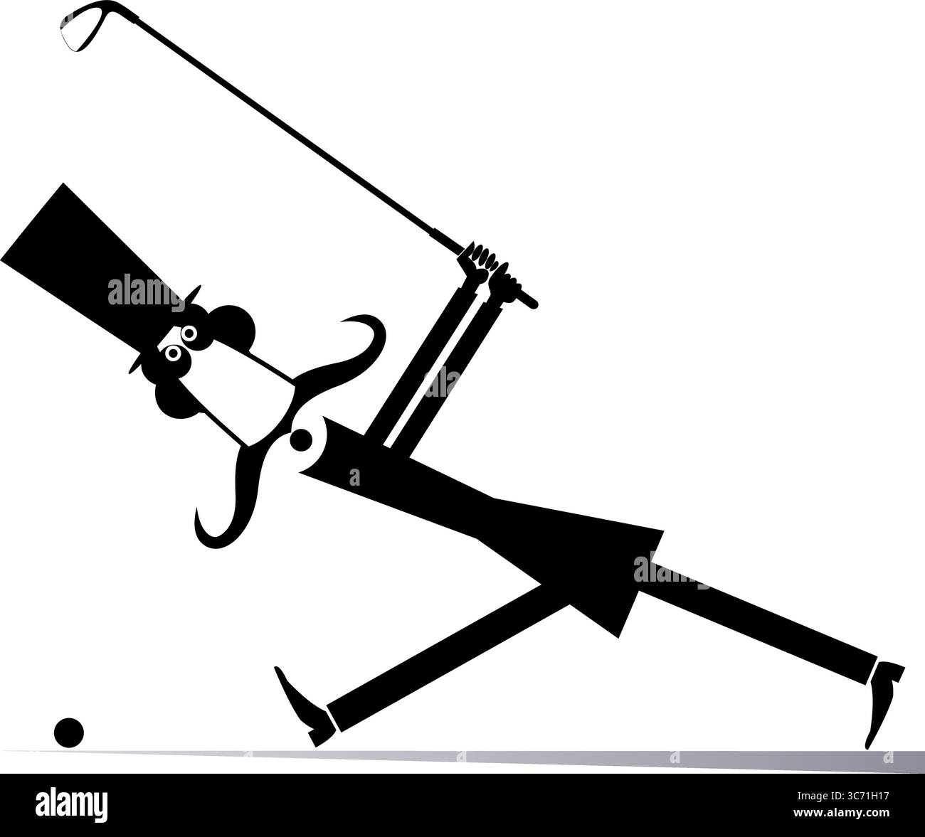 Homme de dessin animé dans le chapeau haut de gamme joue au golf. Cartoon long moustache gentleman dans le chapeau haut de gamme tient un club de golf et en essayant de faire un bon tir. Noir et blanc Illustration de Vecteur