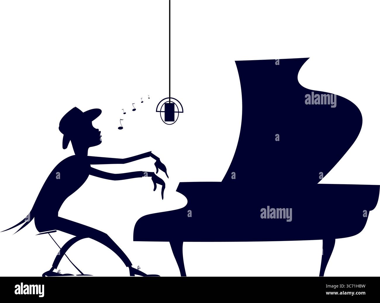 L'homme joue du piano et chante. Homme jouant de la musique au piano et chantant. Illustration en noir et blanc Illustration de Vecteur
