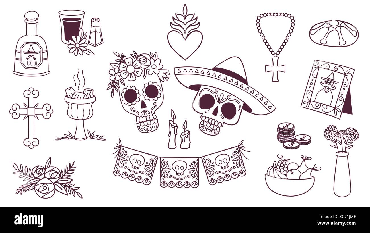 Ensemble de doodle mexicain Día de Muertos. Mignon clipart d'art au trait dessiné à la main. Parfait pour les conceptions de surface, les invitations de fête, les impressions et les projets d'artisanat. VEC Illustration de Vecteur