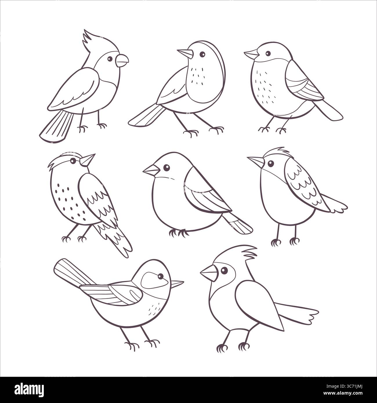Oiseaux mignons. Collection d'oiseaux dessinée à la main dans le style d'art doodle line. Parfait pour les conceptions de surface, les impressions et les projets d'artisanat. Illustration vectorielle. Illustration de Vecteur