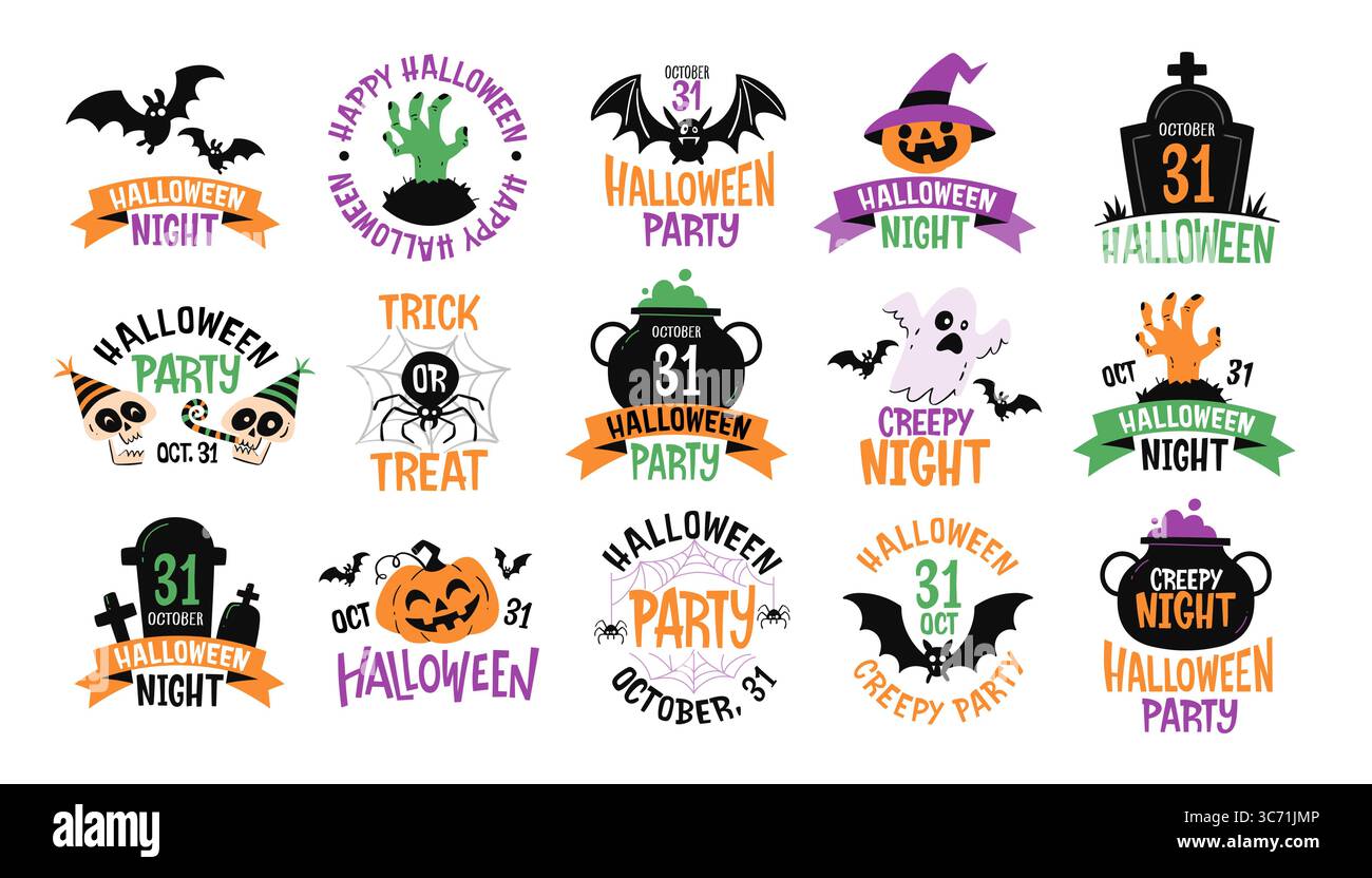 Étiquettes et badges d'Halloween. Parfait pour les conceptions d'autocollants, les invitations de fête, les impressions et les projets d'artisanat. Illustration dessinée à la main, aucun texte modifiable. Illustration de Vecteur