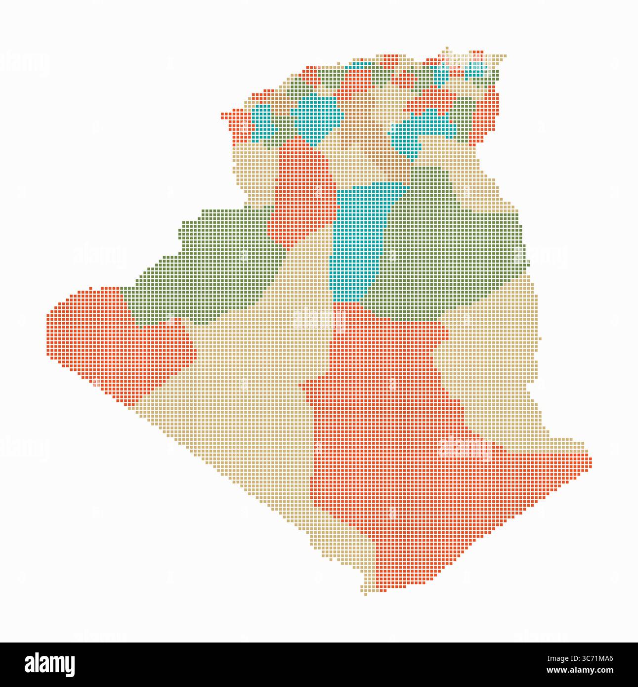 Carte en pointillés de l'Algérie. Carte de style numérique du pays sur fond blanc. Forme algérienne avec des points carrés. Style de points colorés. Carrés de petite taille. Illustration de Vecteur
