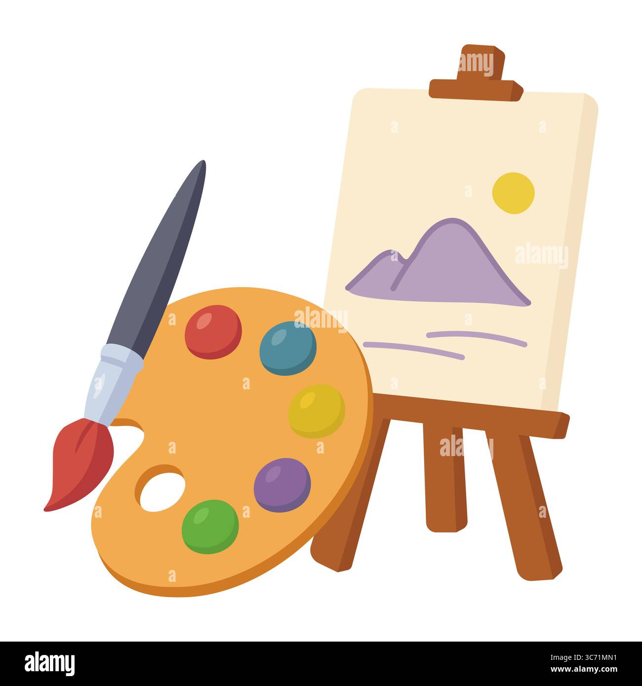 Palette colorée avec pinceau et toile sur chevalet montrant une scène de montagne dans un style de dessin animé plat Illustration de Vecteur