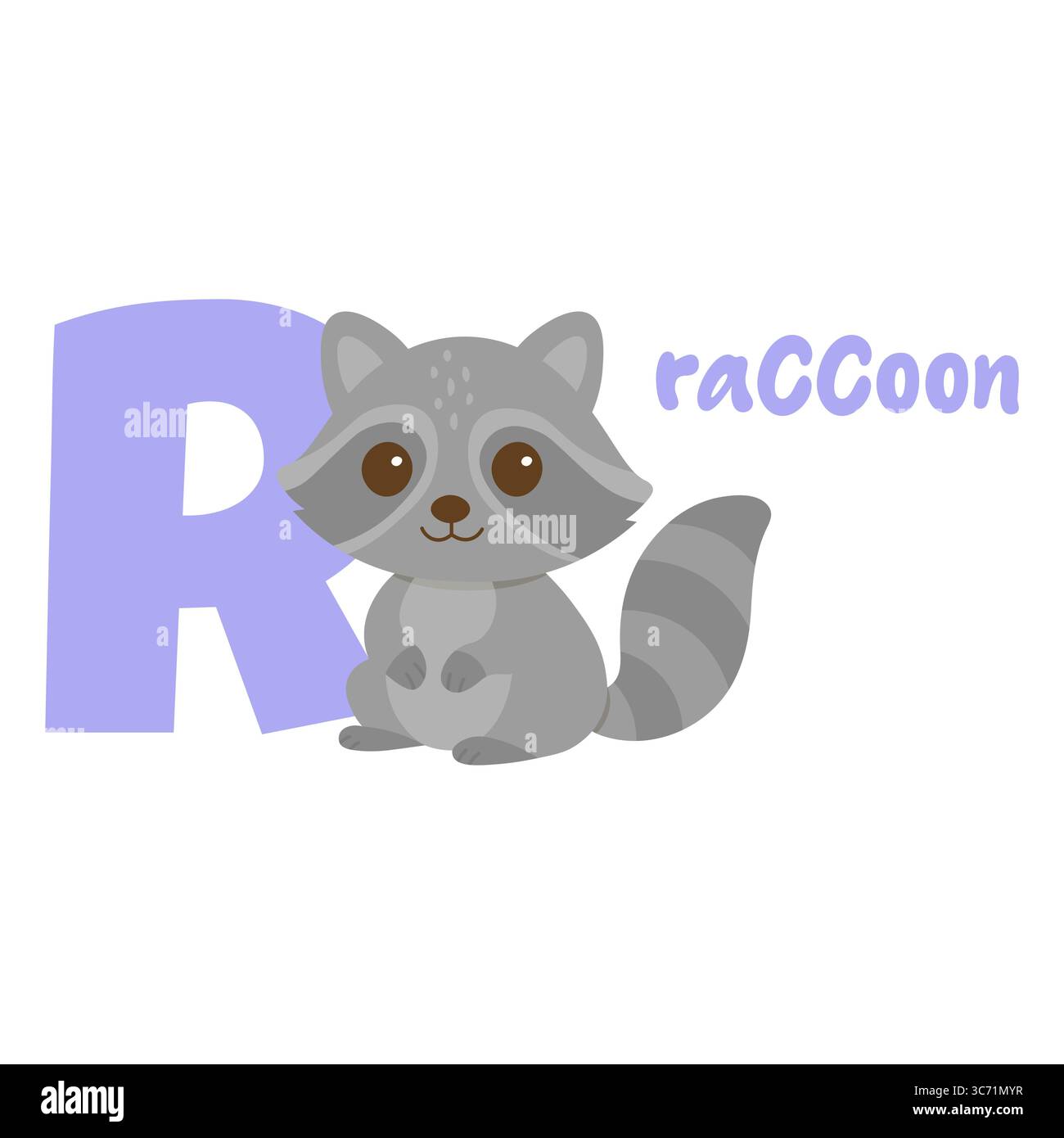 Raton laveur de bébé drôle assis à côté d'une grande lettre R en couleur pastel fait pour la conception éducative ou de pépinière Illustration de Vecteur