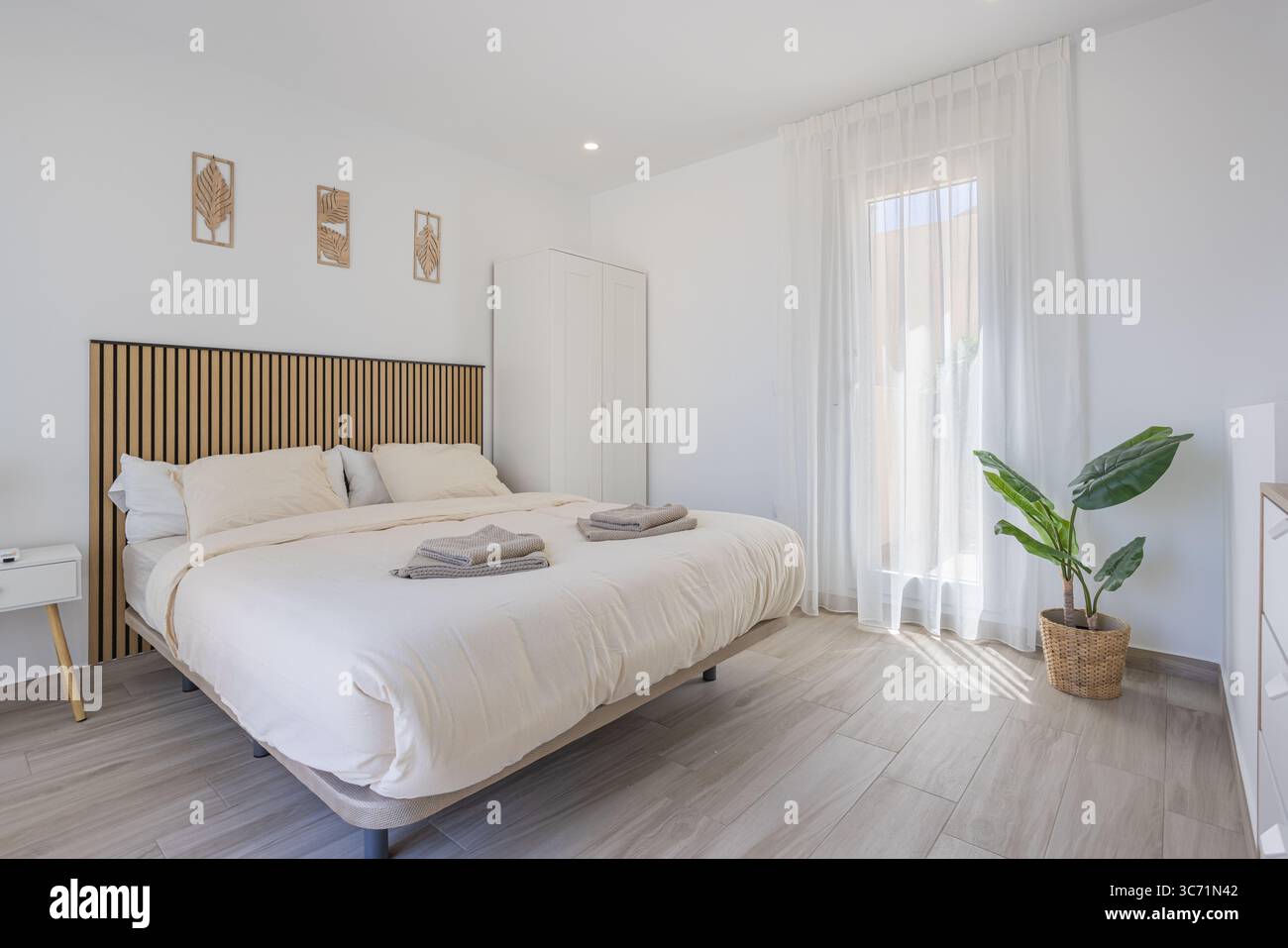 Une chambre confortable et bien éclairée avec un décor moderne, des tons doux et une touche de verdure près de la fenêtre. Banque D'Images